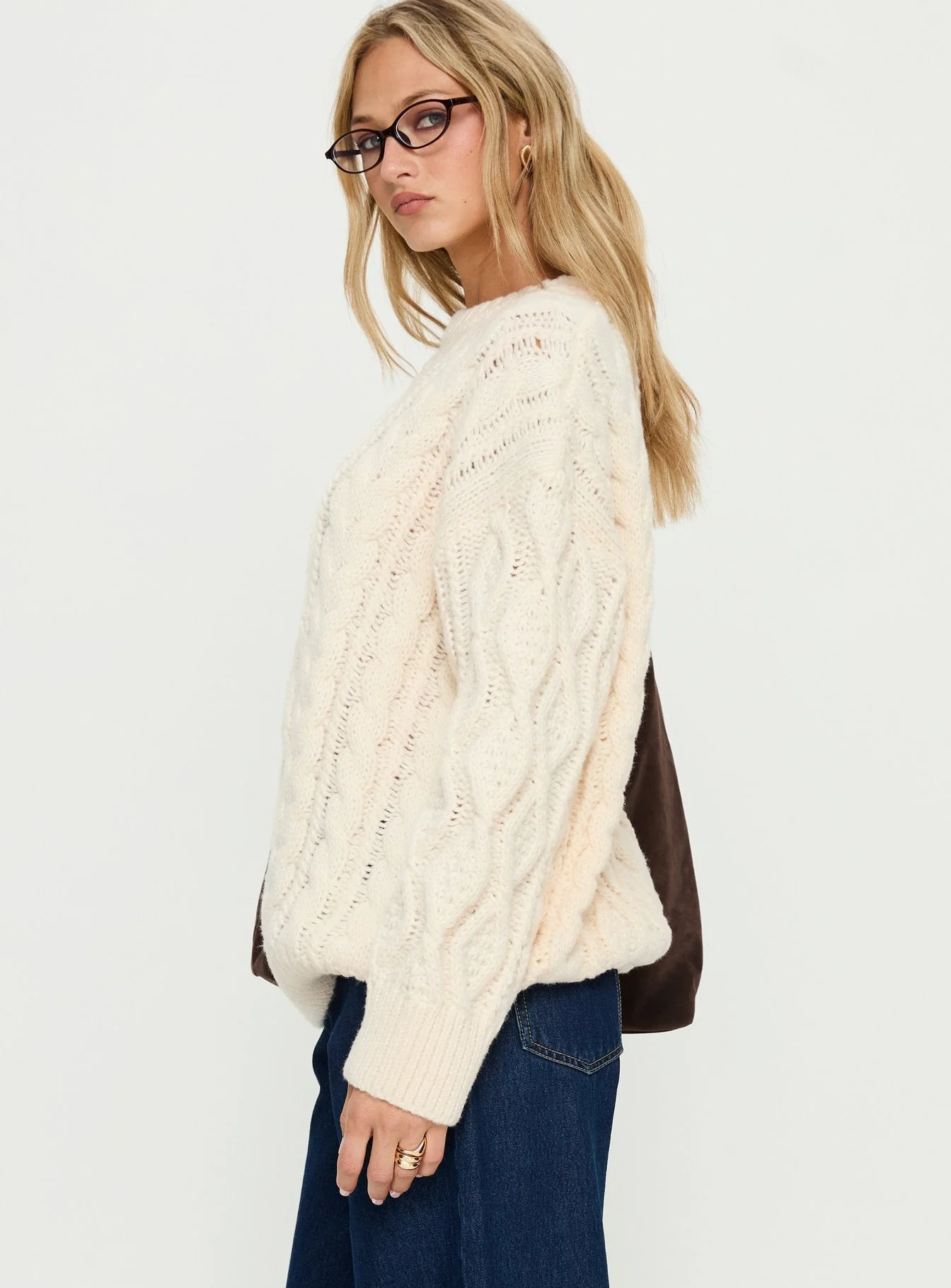 Rorey Cable Knit Crew Neck Sweater White - Image 4