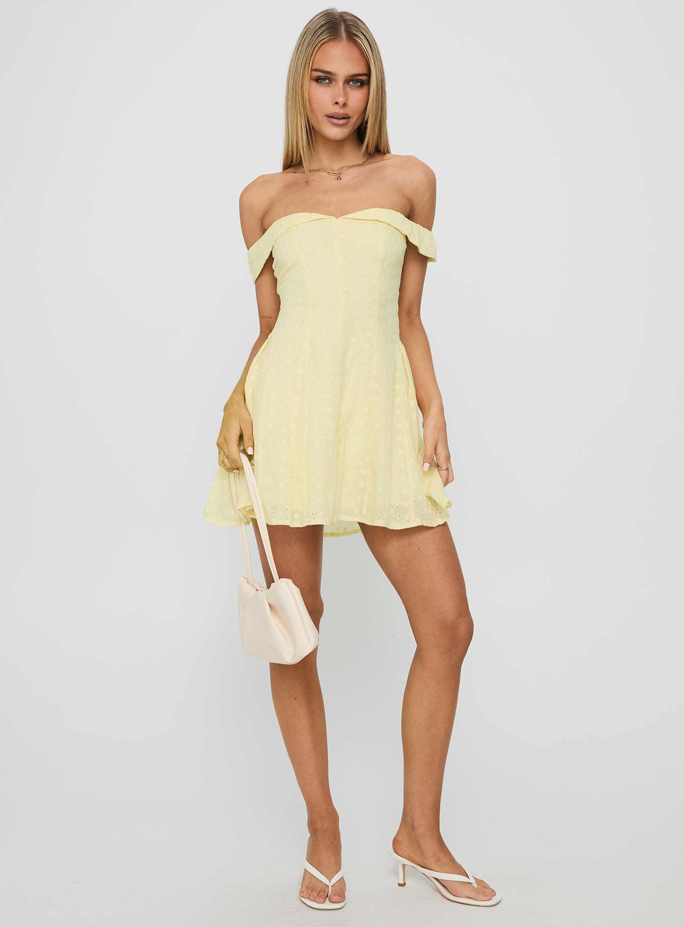 Rosebud Off The Shoulder Mini Dress Lemon - Image 3