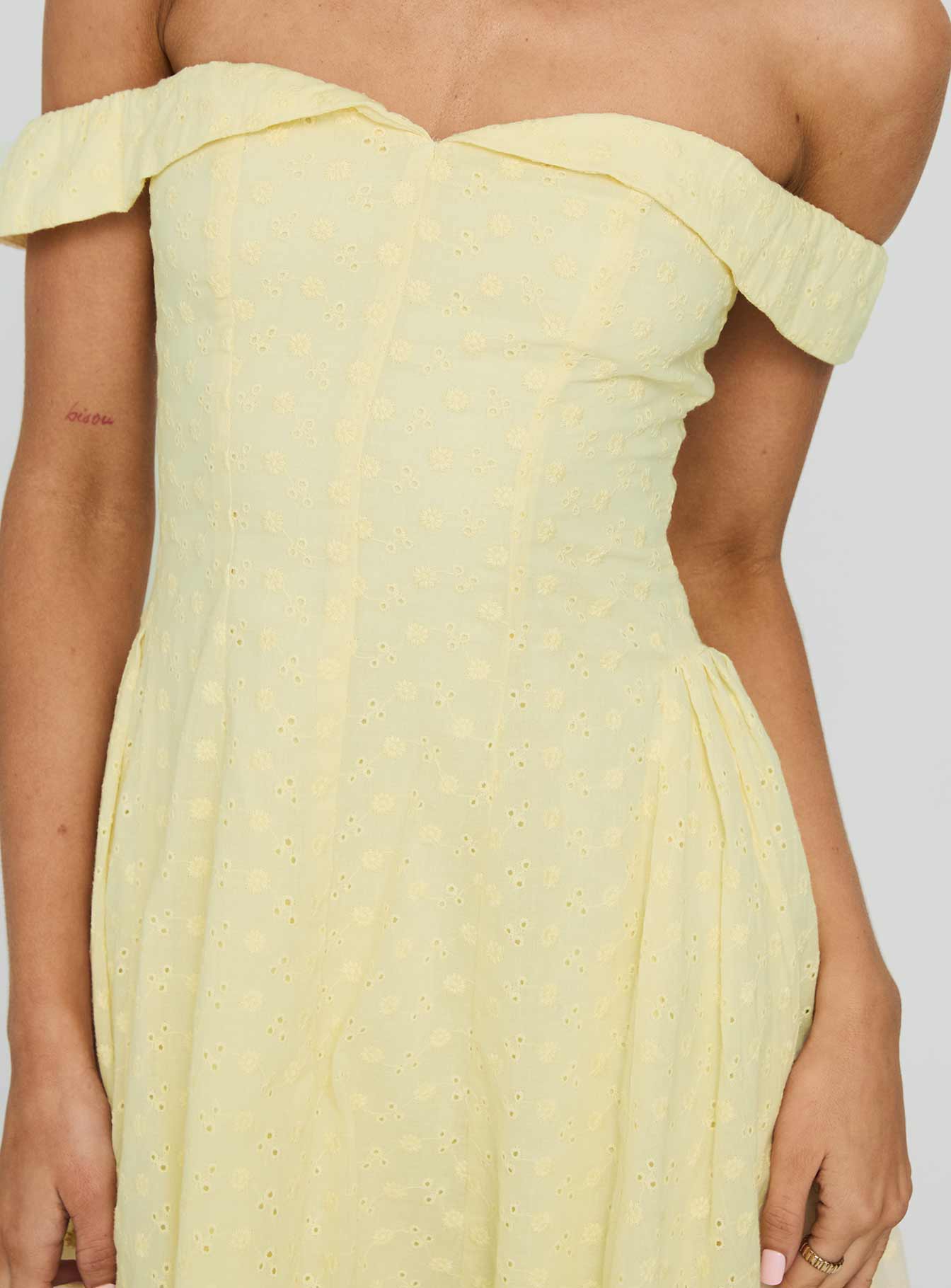 Rosebud Off The Shoulder Mini Dress Lemon - Image 6