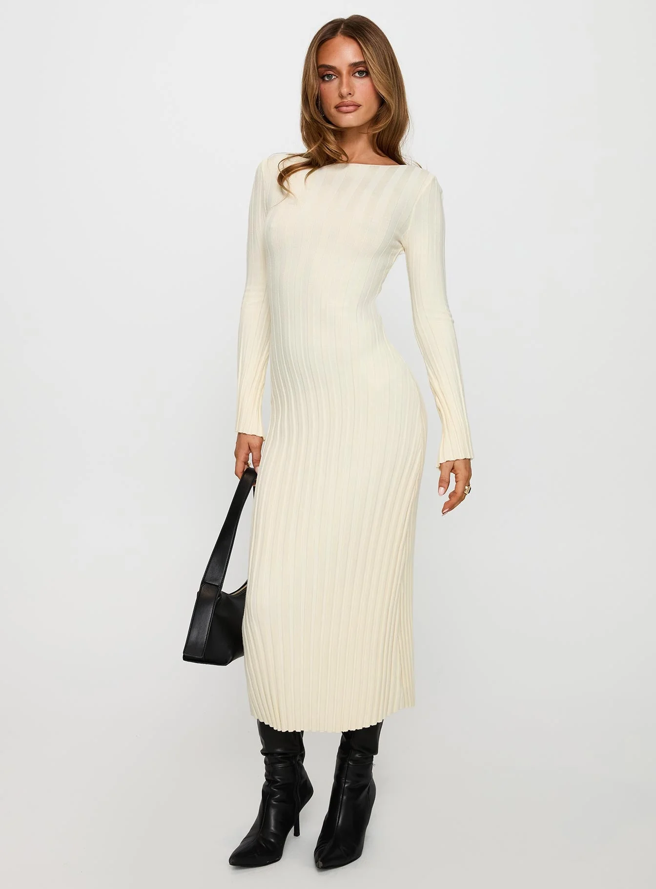Ryo Long Sleeve Rib Maxi Dress Cream - Image 2