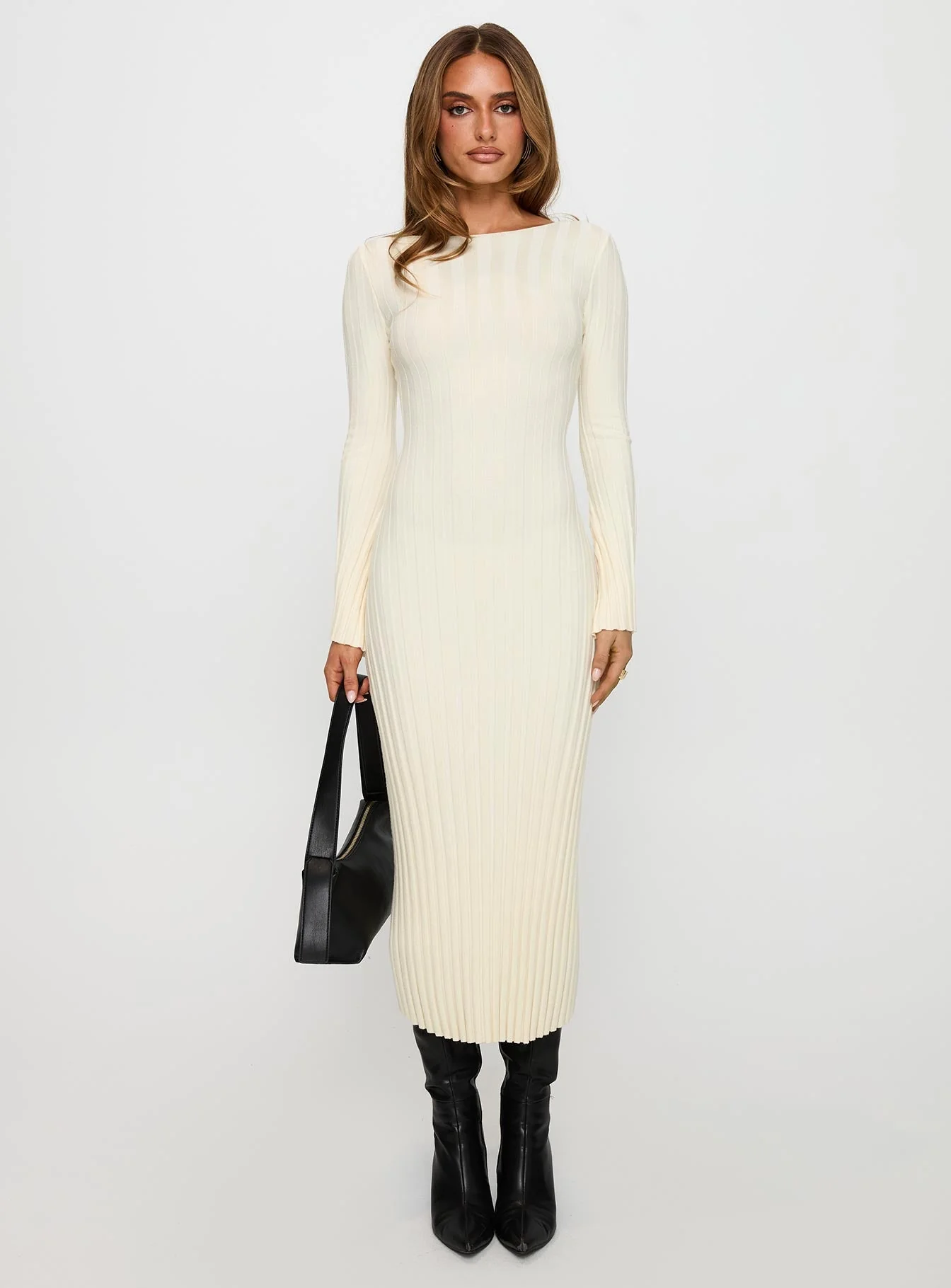 Ryo Long Sleeve Rib Maxi Dress Cream - Image 7