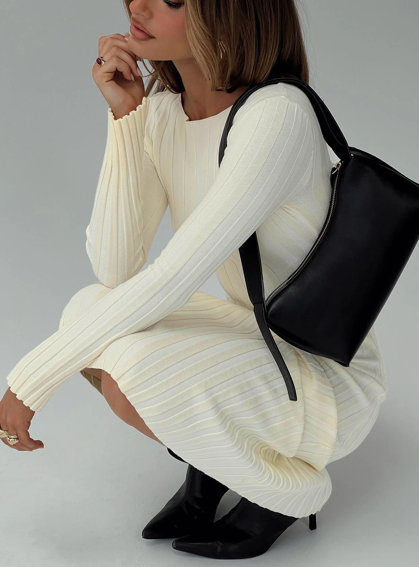 Ryo Long Sleeve Rib Maxi Dress Cream - Image 8