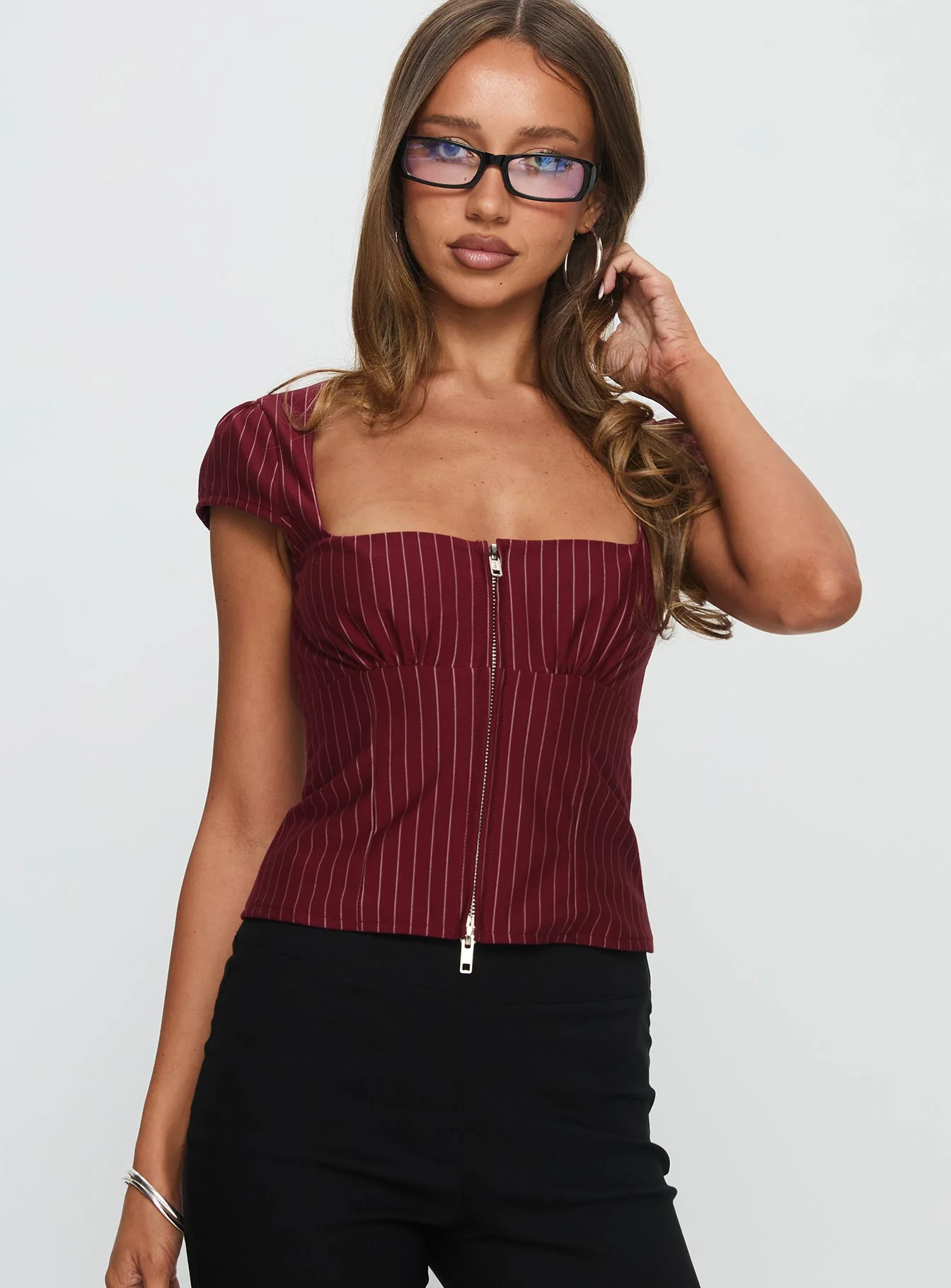 Santa Cruz Zip Through Top Burgundy Pinstripe - Image 2