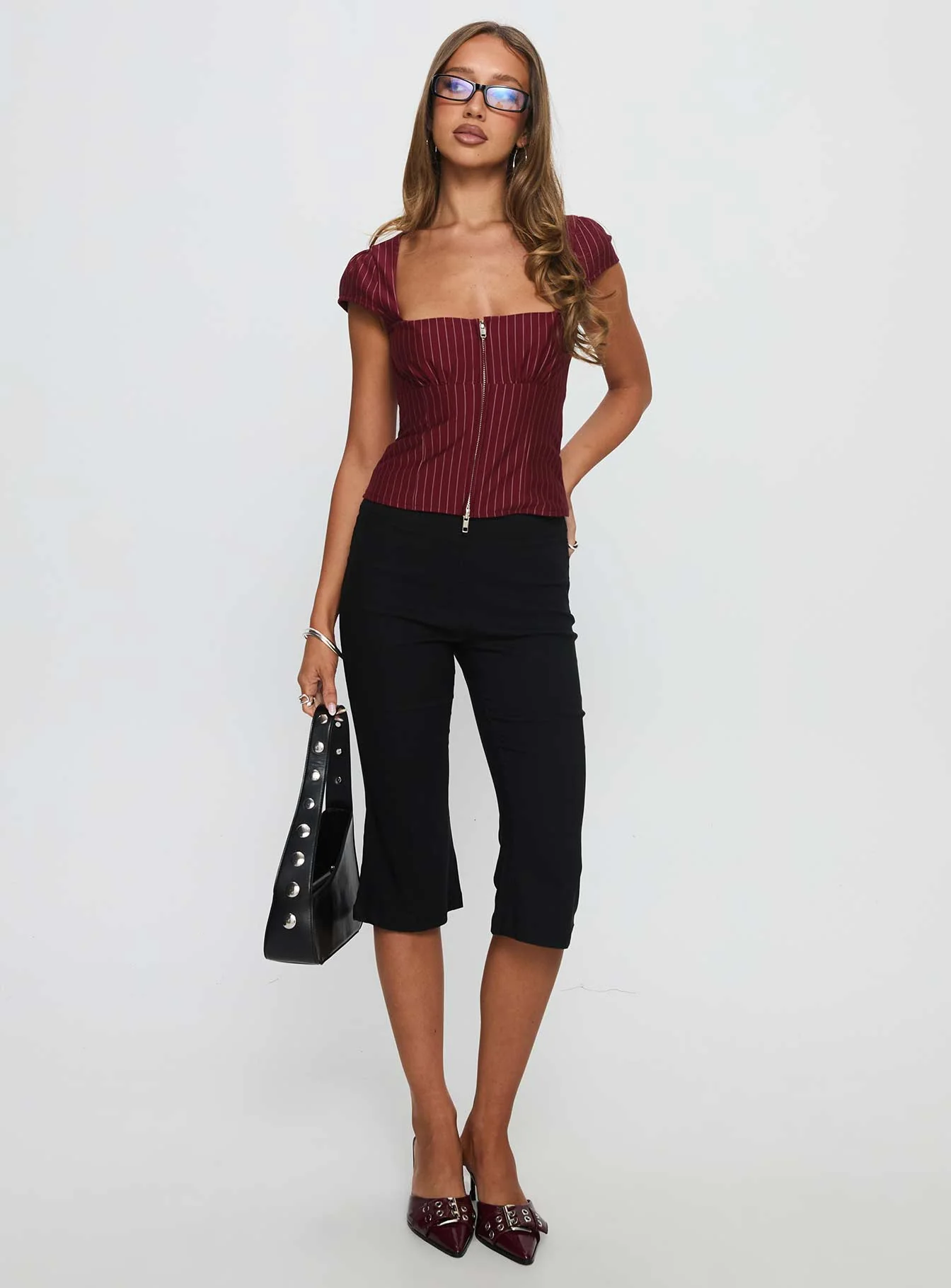 Santa Cruz Zip Through Top Burgundy Pinstripe - Image 3