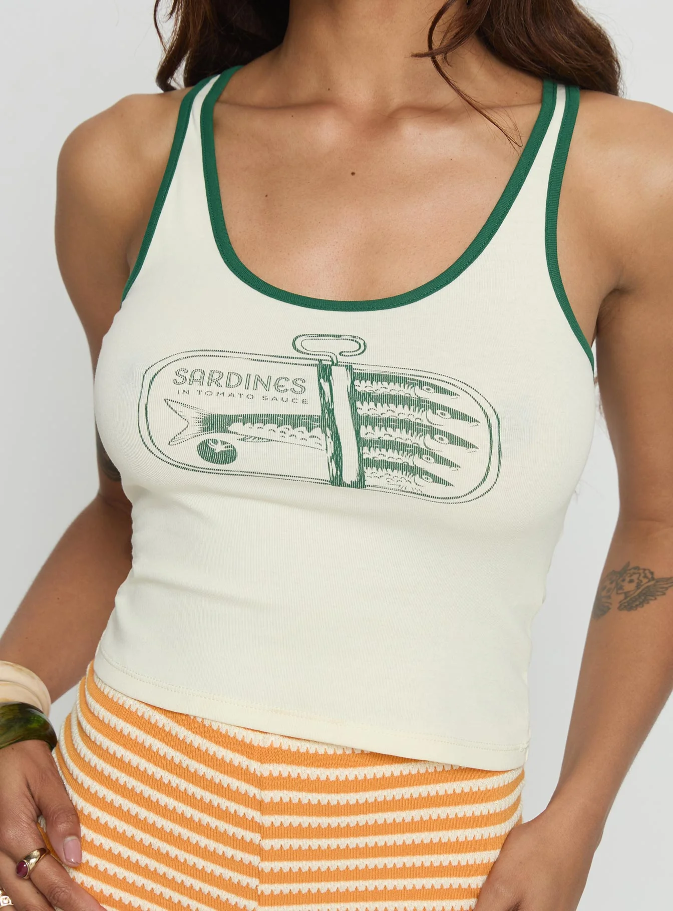 Sardina Contrast Trim Tank Top Cream / Green - Image 5