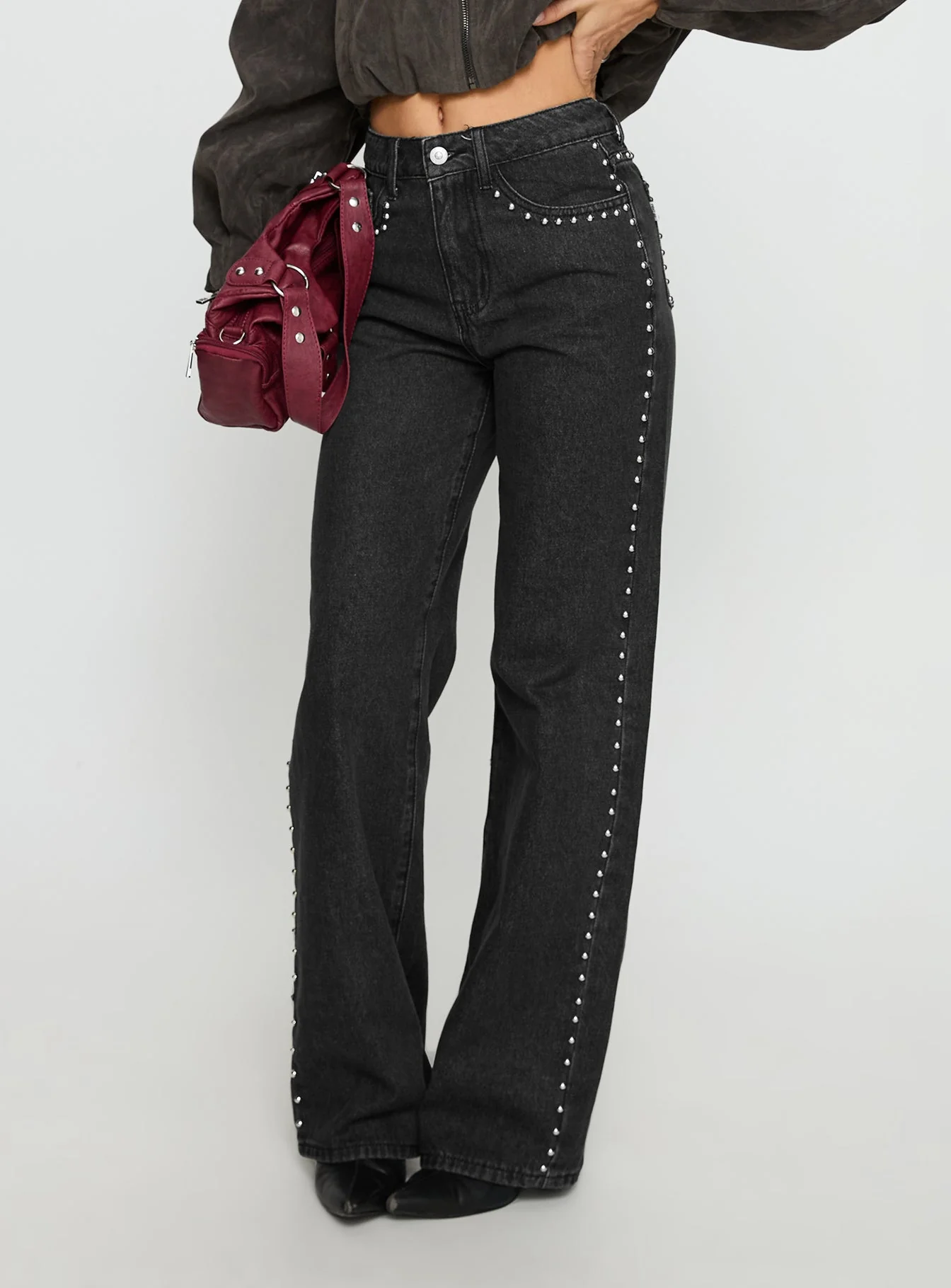 Saving Up Mid Rise Straight Leg Studded Jeans Jet Black - Image 2