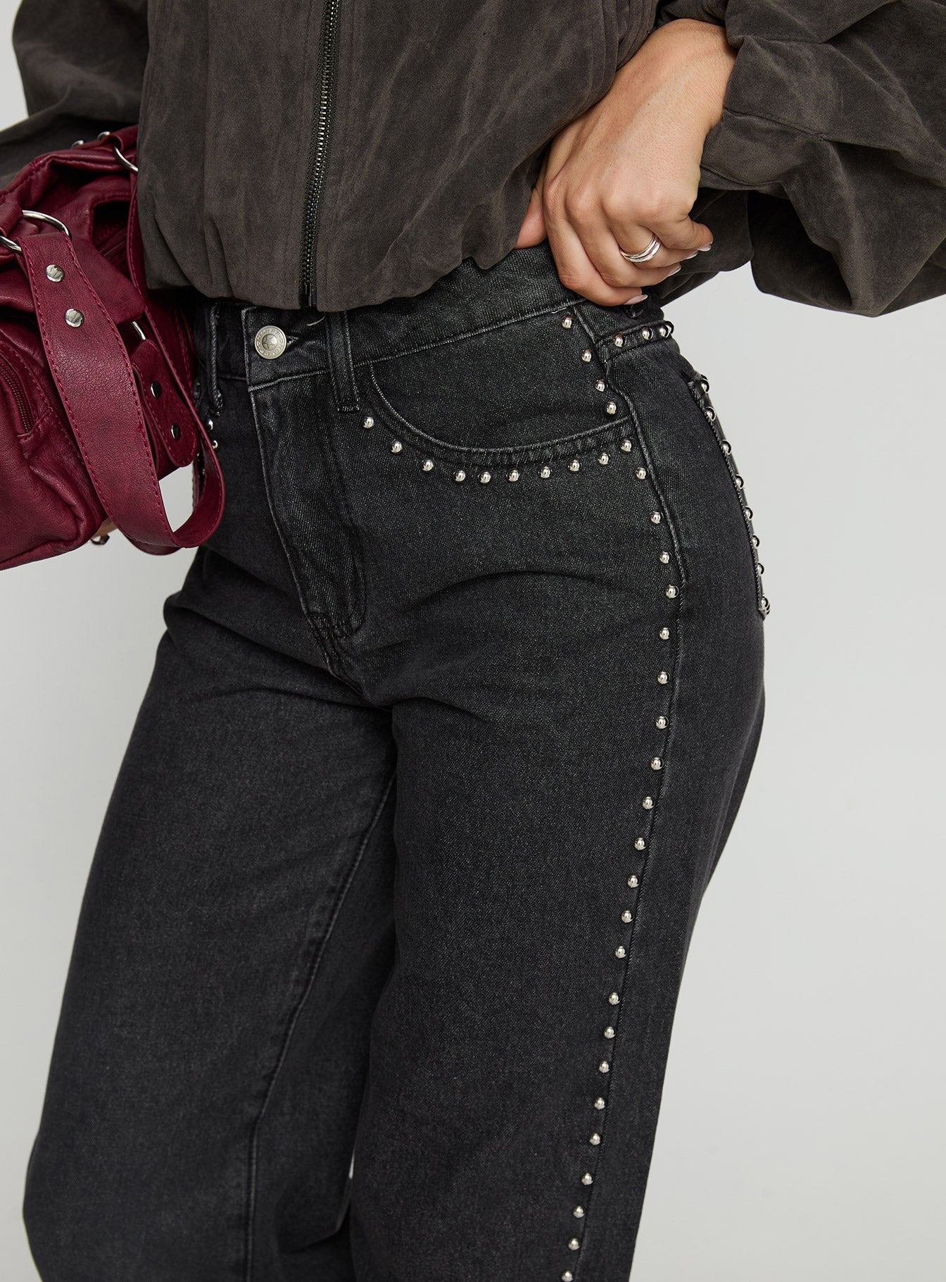 Saving Up Mid Rise Straight Leg Studded Jeans Jet Black - Image 6