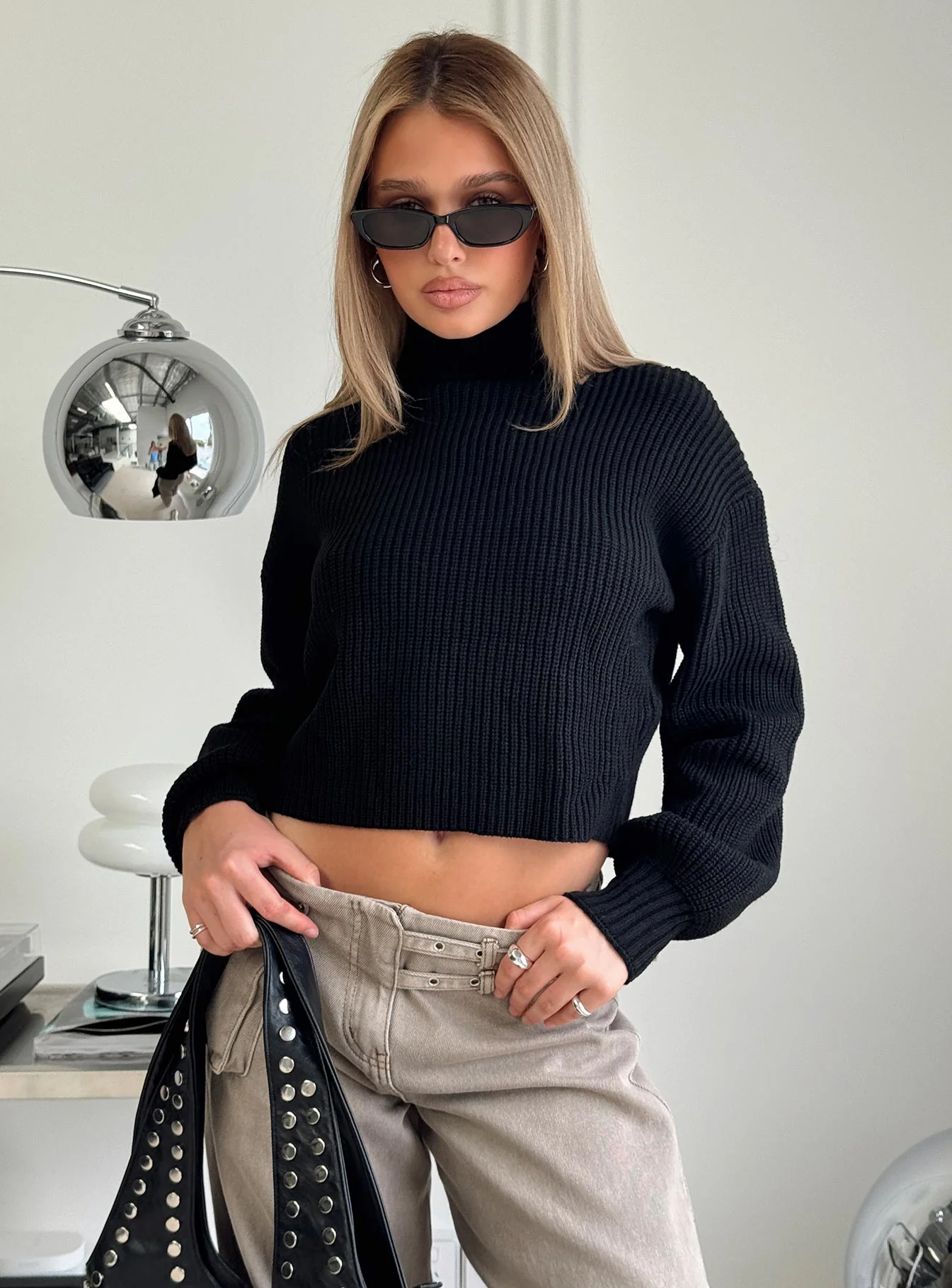 Sayge Mock Neck Knit Sweater Black