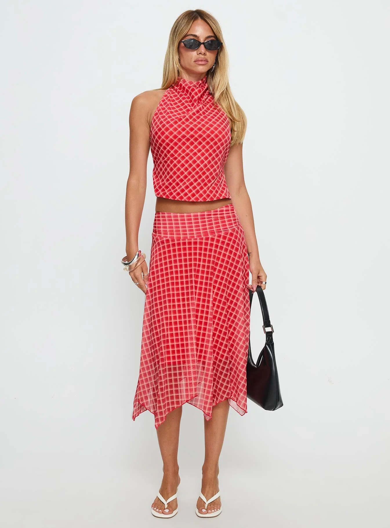 Scenic Route Asymmetrical Midi Skirt Red Check - Image 3