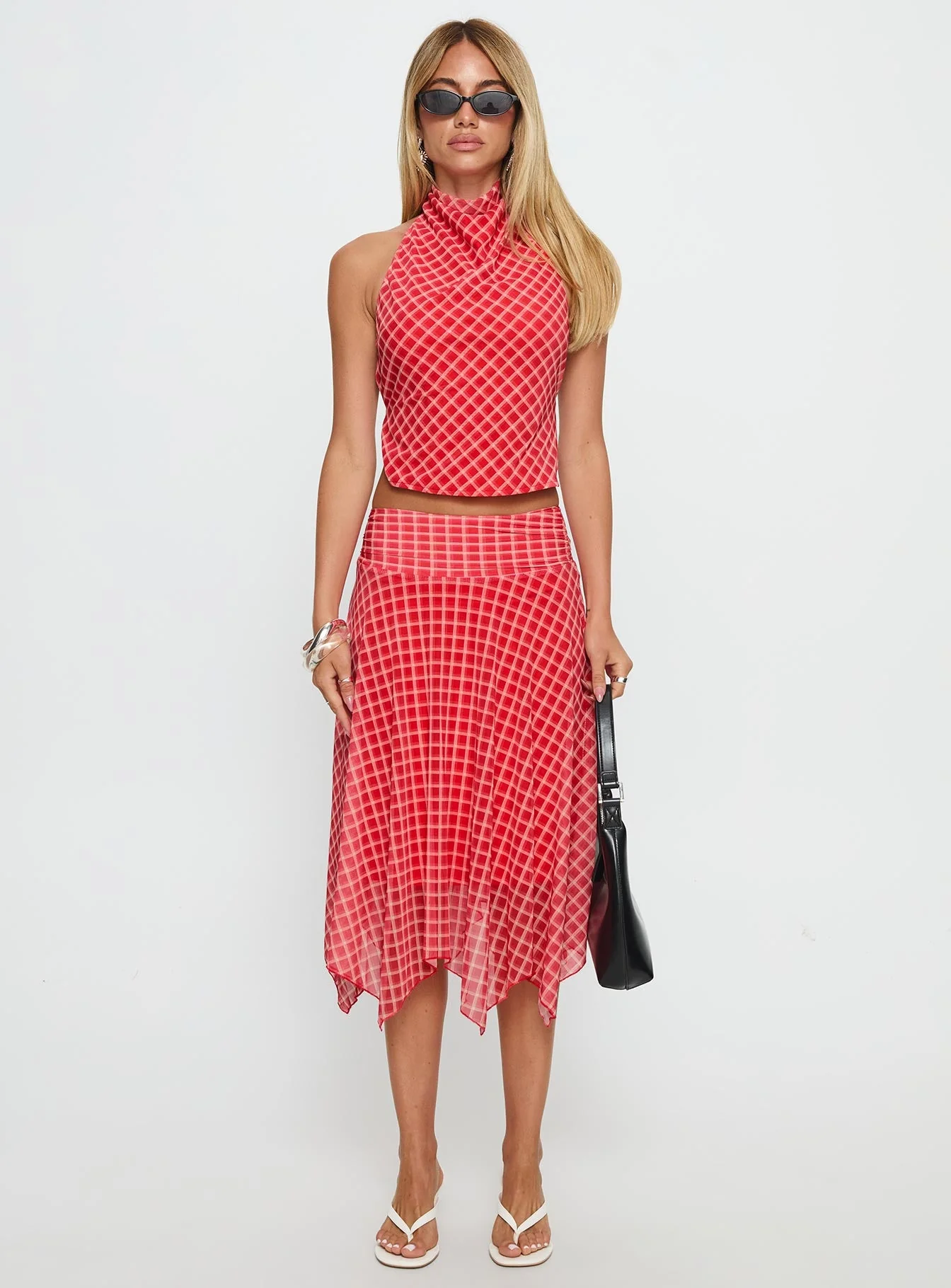 Scenic Route Asymmetrical Midi Skirt Red Check - Image 7