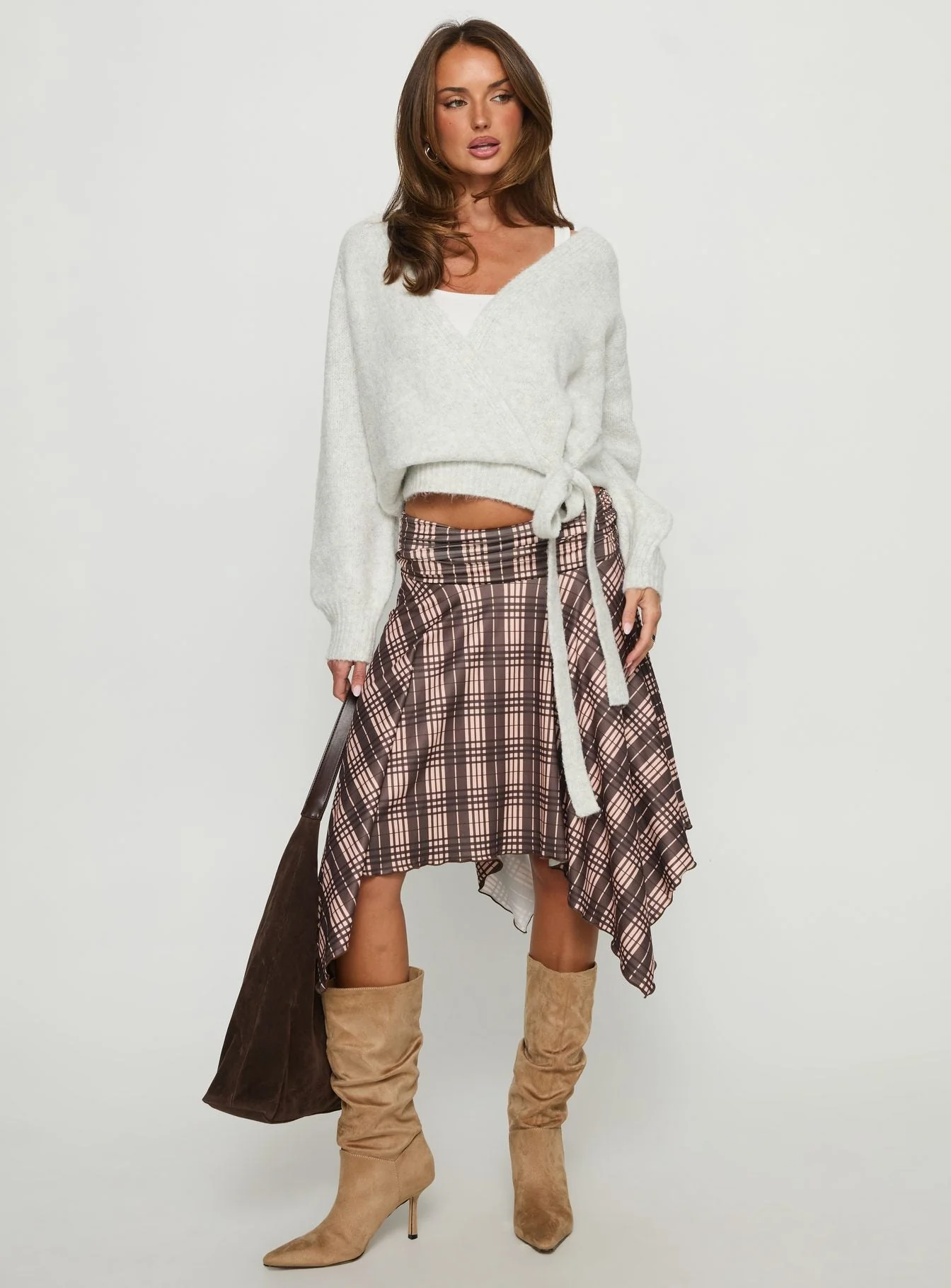 Scholar Asymmetrical Midi Skirt Brown Check - Image 2