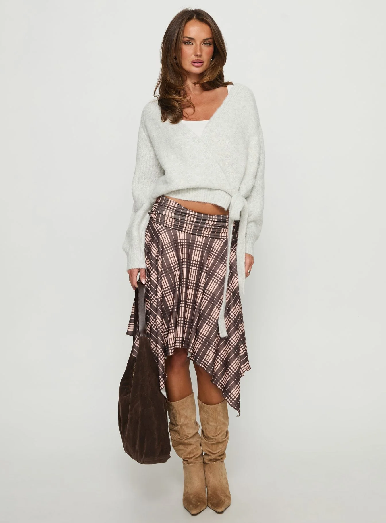 Scholar Asymmetrical Midi Skirt Brown Check - Image 3