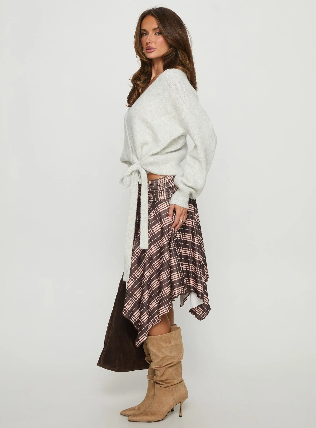 Scholar Asymmetrical Midi Skirt Brown Check - Image 4