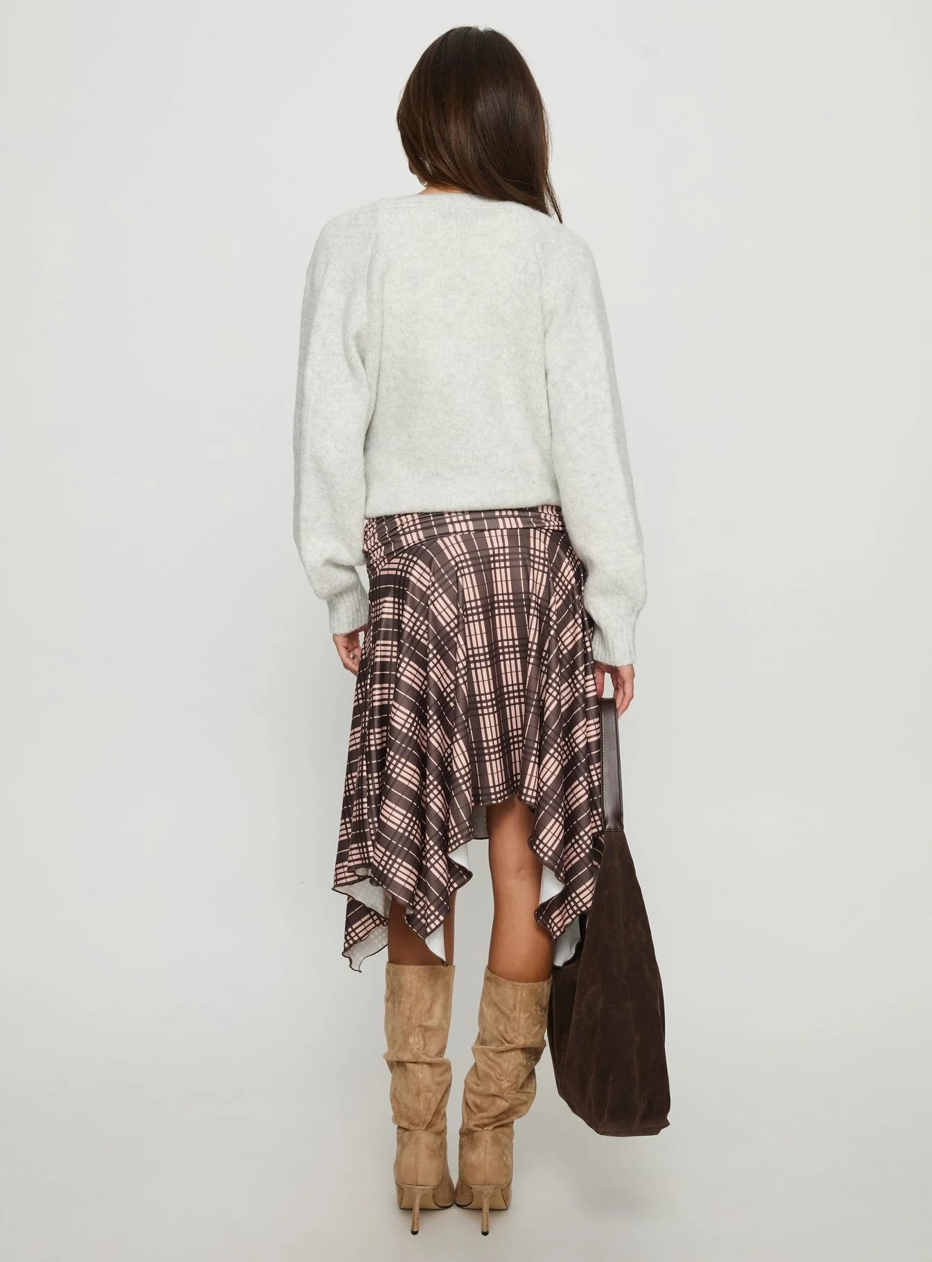 Scholar Asymmetrical Midi Skirt Brown Check - Image 5