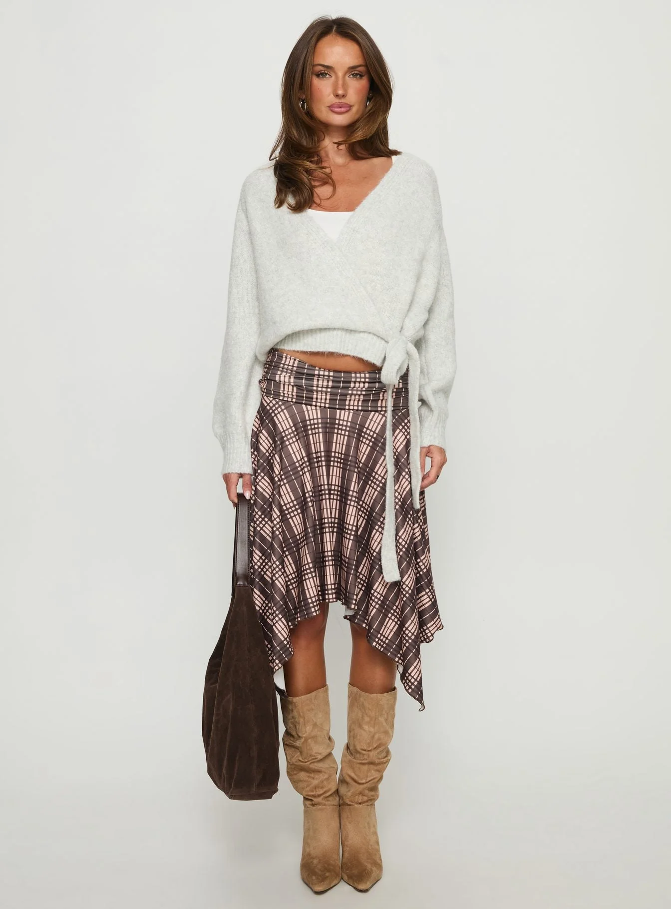Scholar Asymmetrical Midi Skirt Brown Check - Image 7