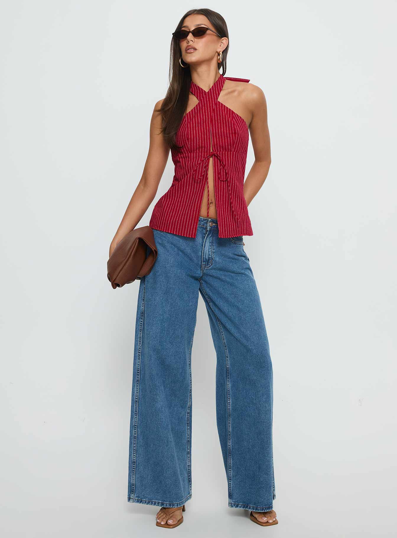 Sensational Cross Front Tie Detail Top Red Stripe - Image 2