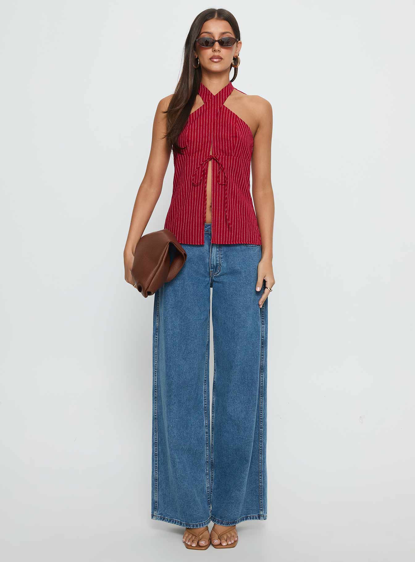 Sensational Cross Front Tie Detail Top Red Stripe - Image 6