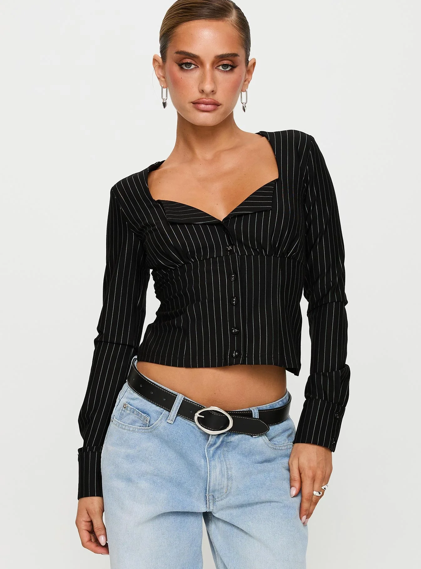 Set For Life Foldover Detail Long Sleeve Top Black / White Pinstripe - Image 2