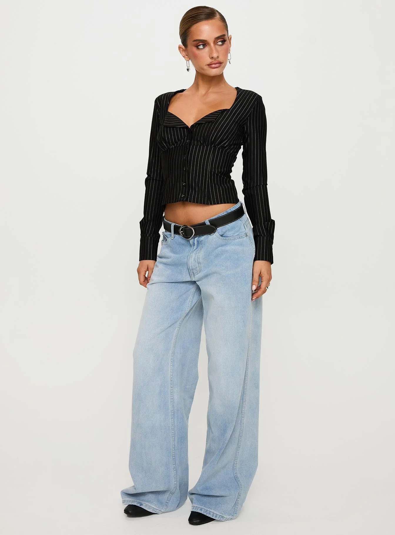 Set For Life Foldover Detail Long Sleeve Top Black / White Pinstripe - Image 3