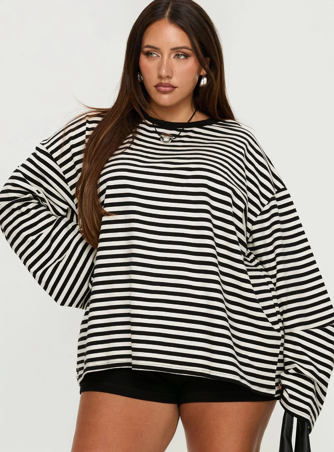 Settle Down Long Sleeve Top Black / White Stripe Curve - Image 2