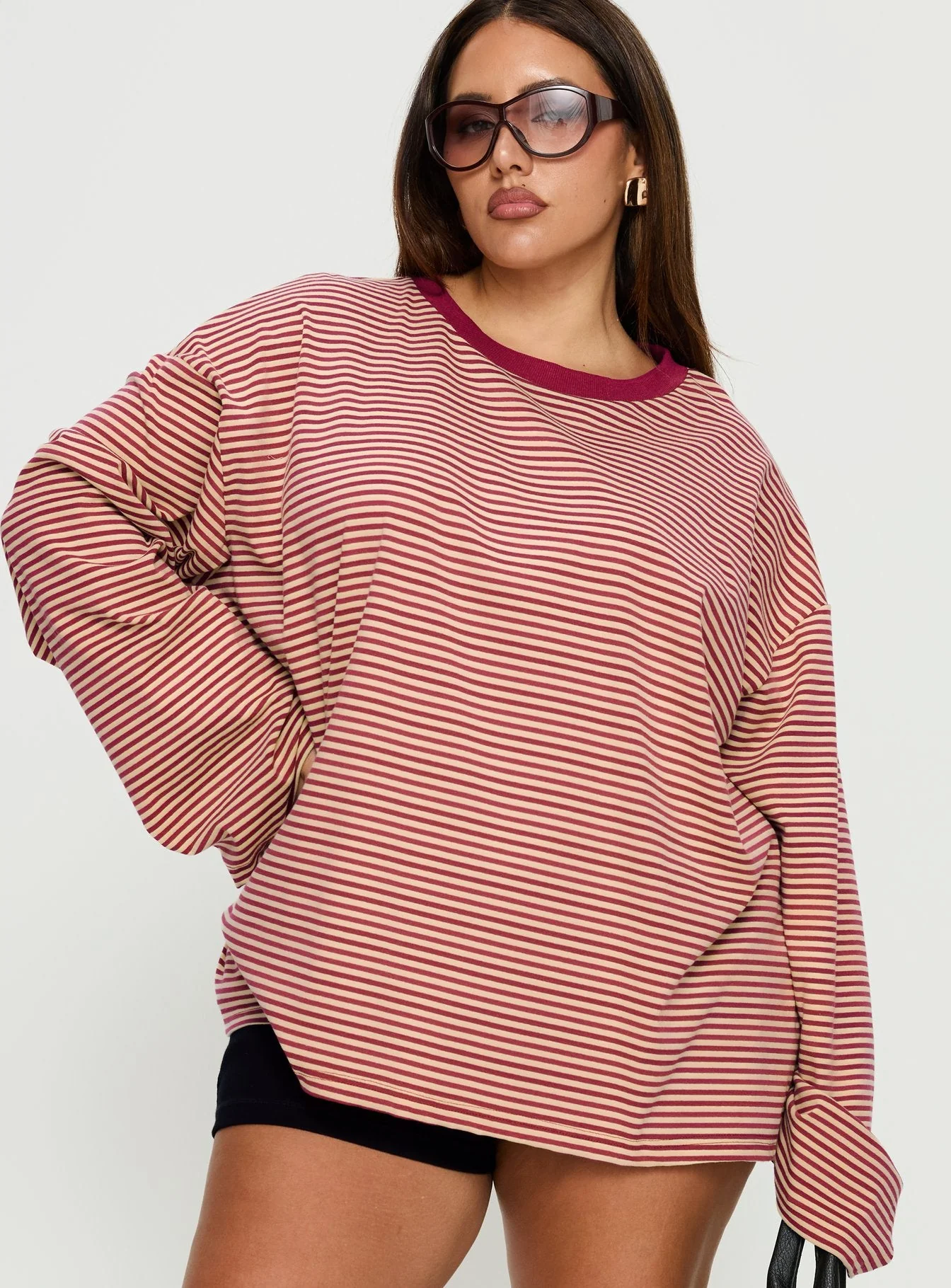 Settle Down Long Sleeve Top Lemon / Burgundy Stripe Curve - Image 2