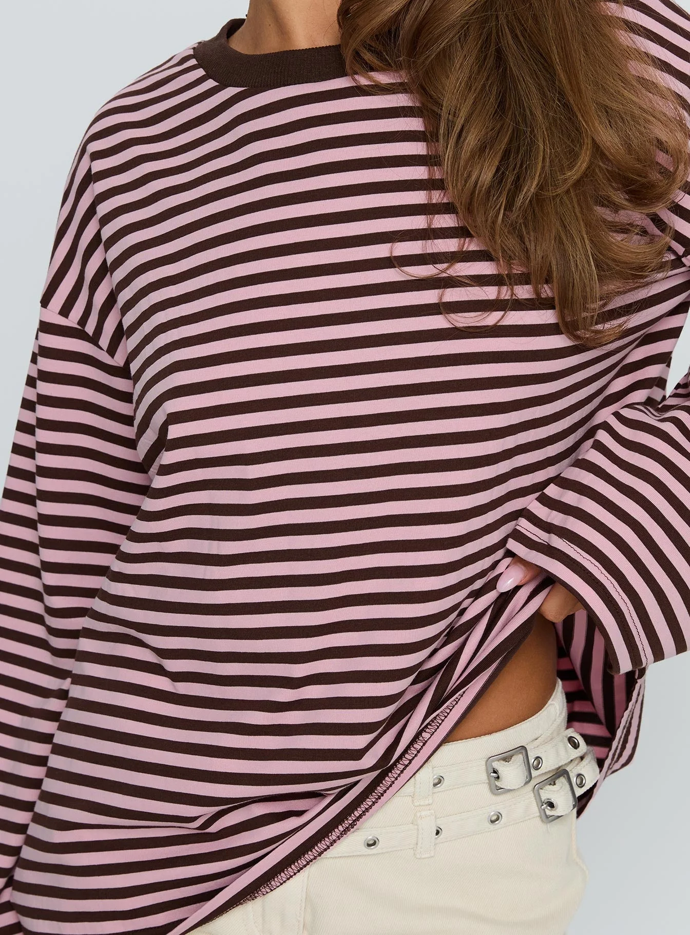 Settle Down Long Sleeve Top Pink / Brown Stripe - Image 6
