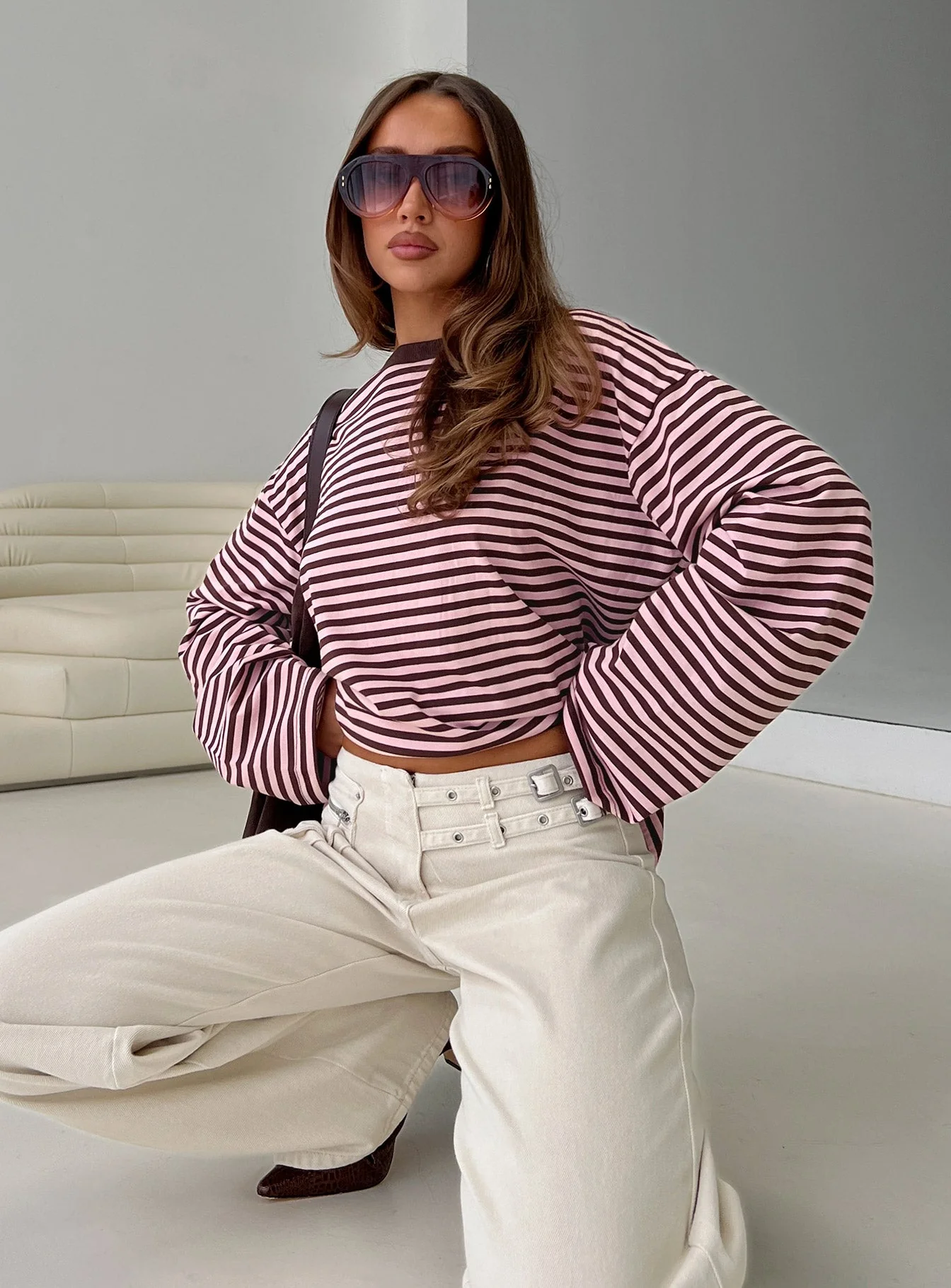 Settle Down Long Sleeve Top Pink / Brown Stripe - Image 8