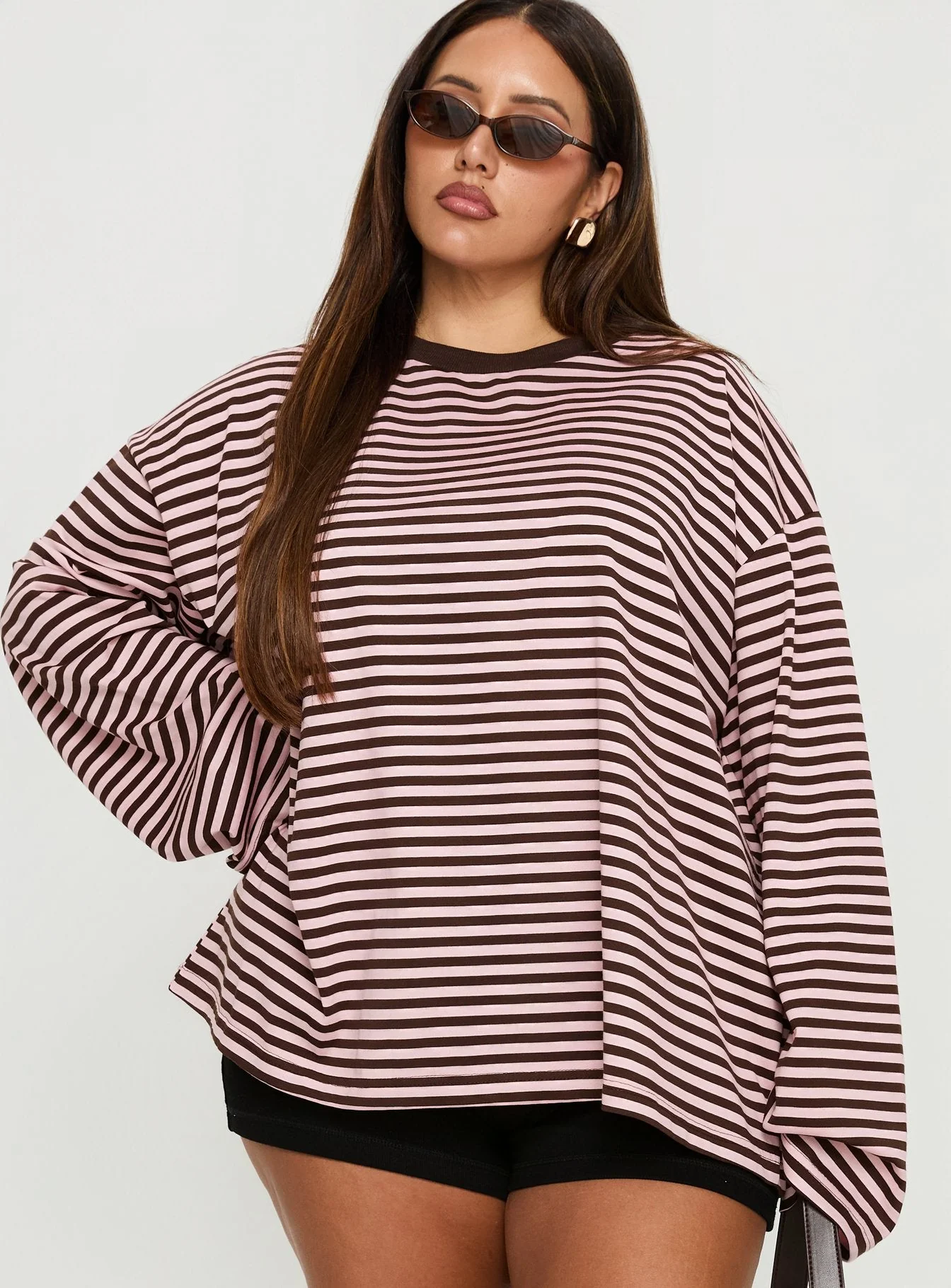 Settle Down Long Sleeve Top Pink / Brown Stripe Curve - Image 2