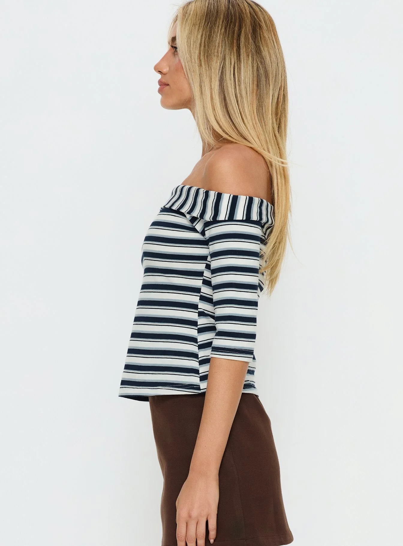 Shaylla Off Shoulder 3/4 Sleeve Top Blue Stripe - Image 3