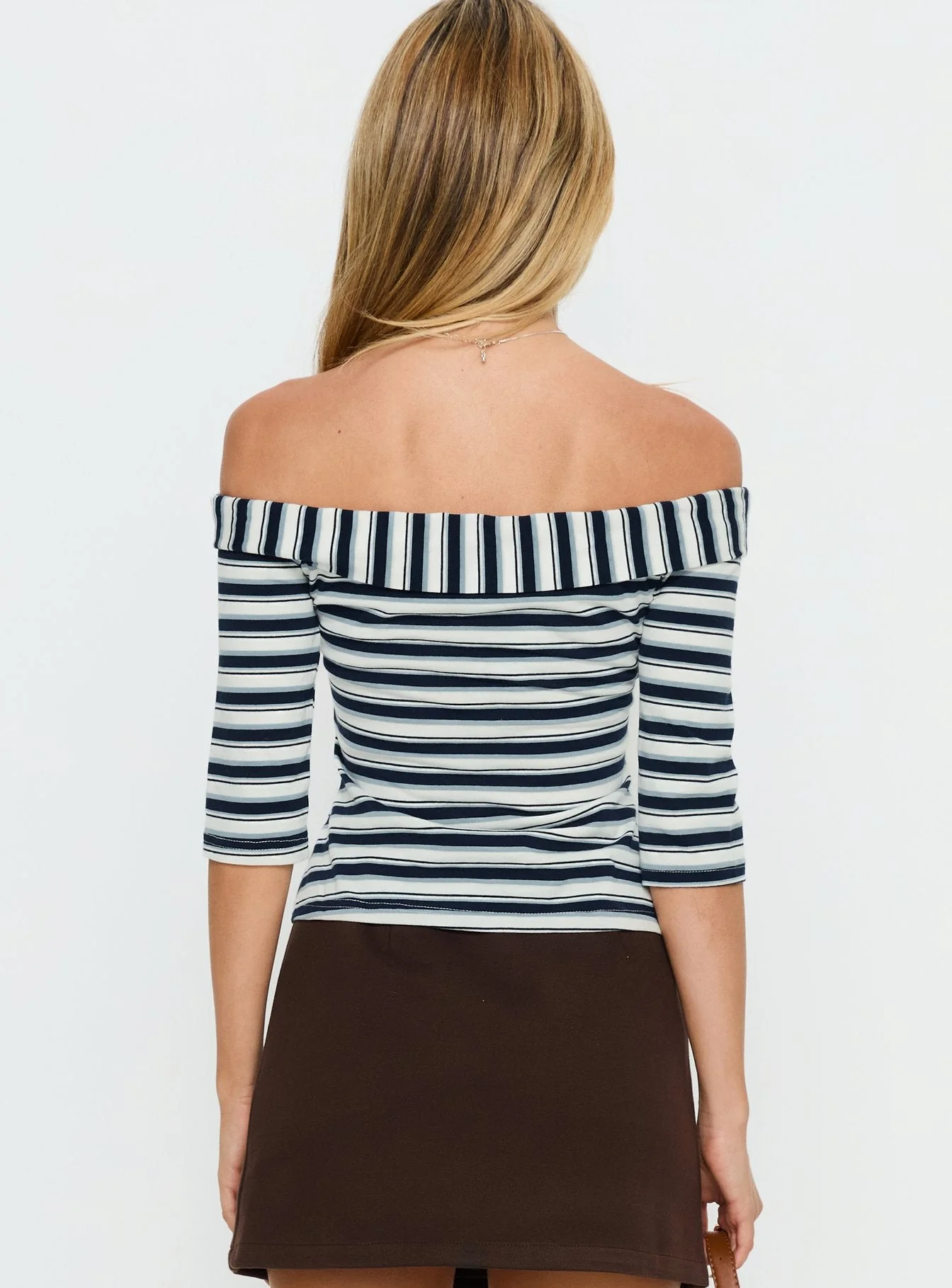 Shaylla Off Shoulder 3/4 Sleeve Top Blue Stripe - Image 4
