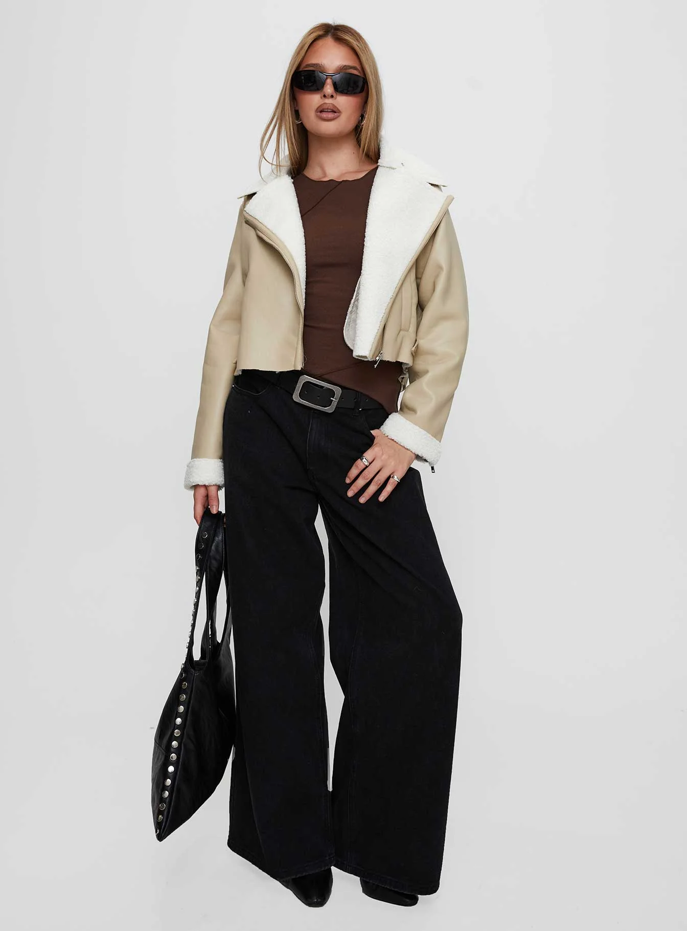Shearling Trim Faux Leather Jacket Beige - Image 2
