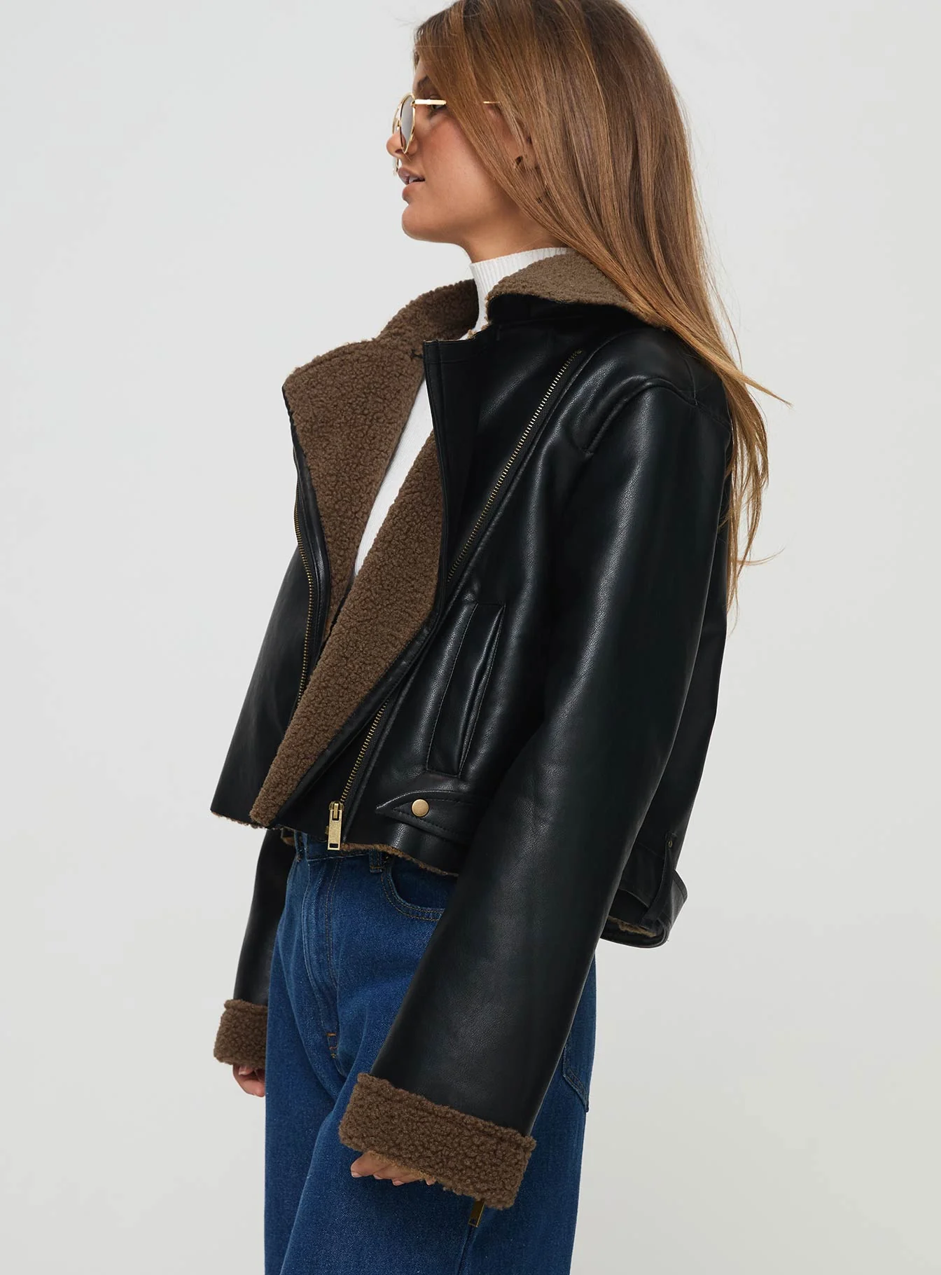 Shearling Trim Faux Leather Jacket Black - Image 3