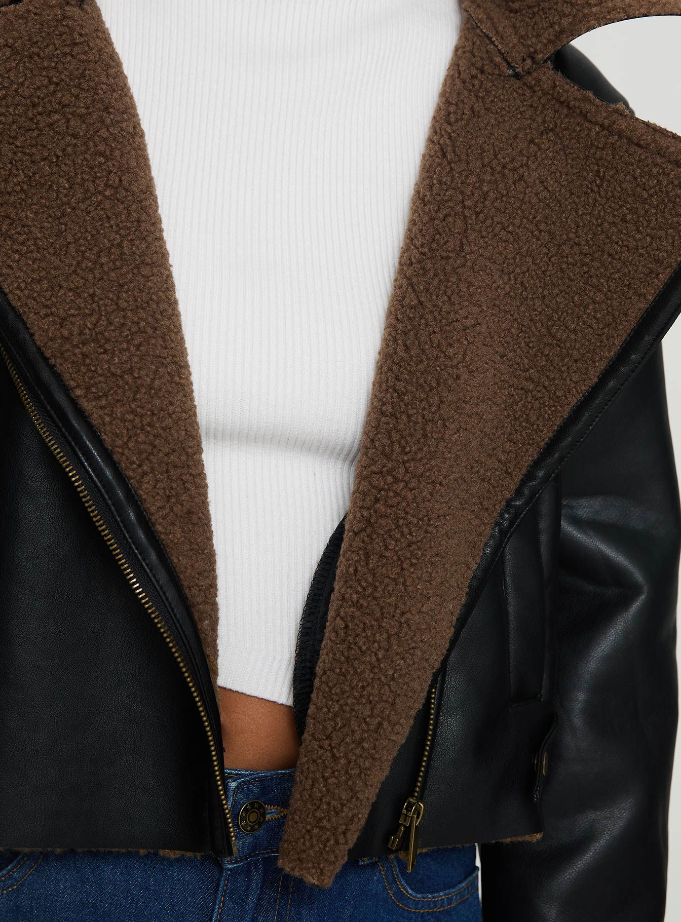 Shearling Trim Faux Leather Jacket Black - Image 5