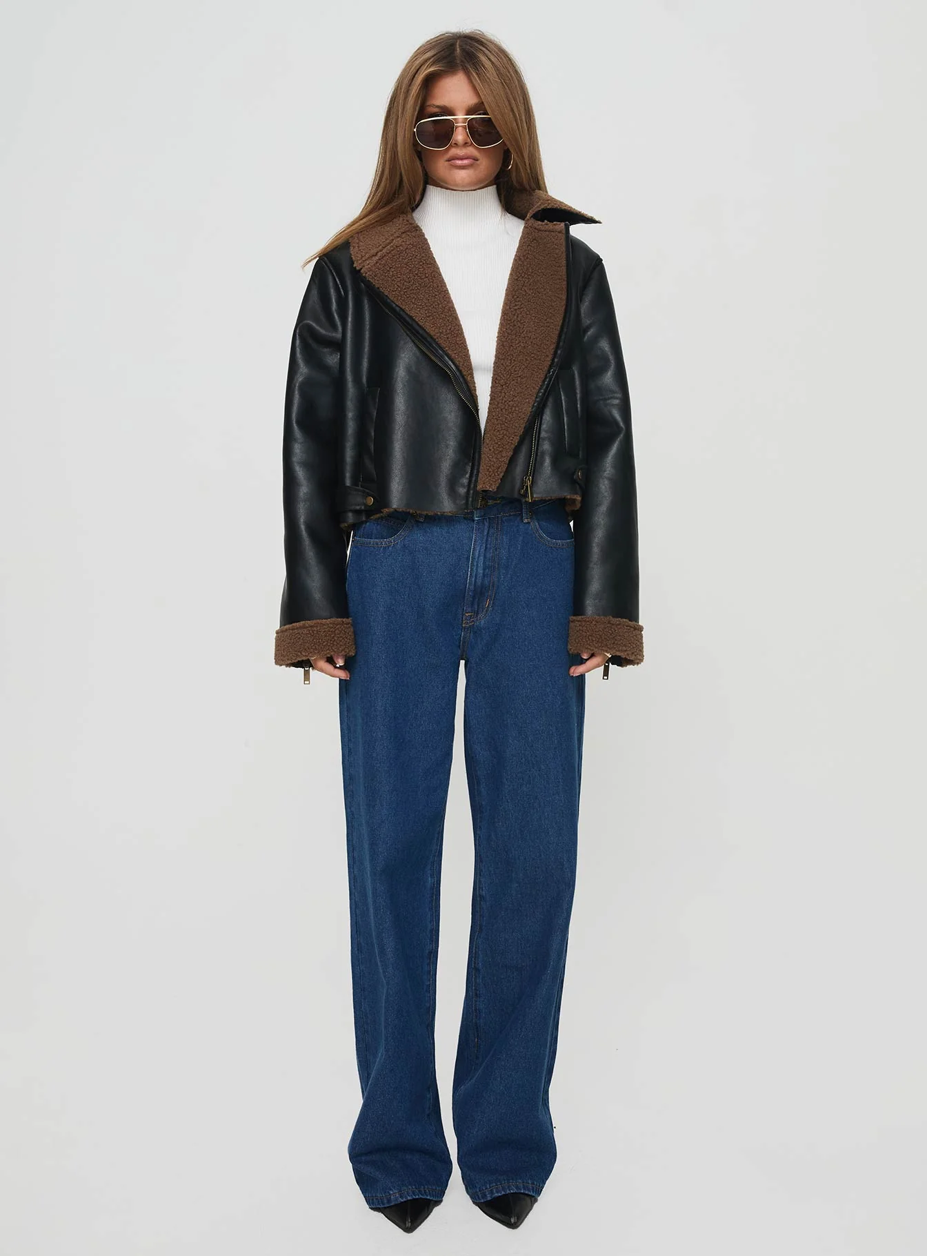 Shearling Trim Faux Leather Jacket Black - Image 6