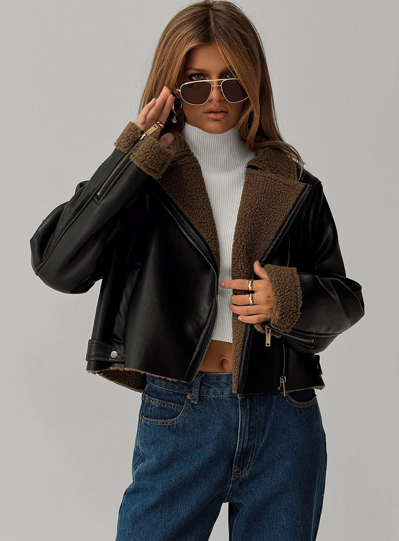 Shearling Trim Faux Leather Jacket Black - Image 7