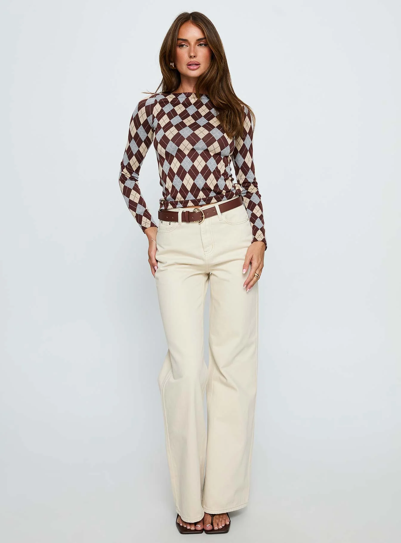 Shonna Boat Neck Long Sleeve Top Argyle - Image 3