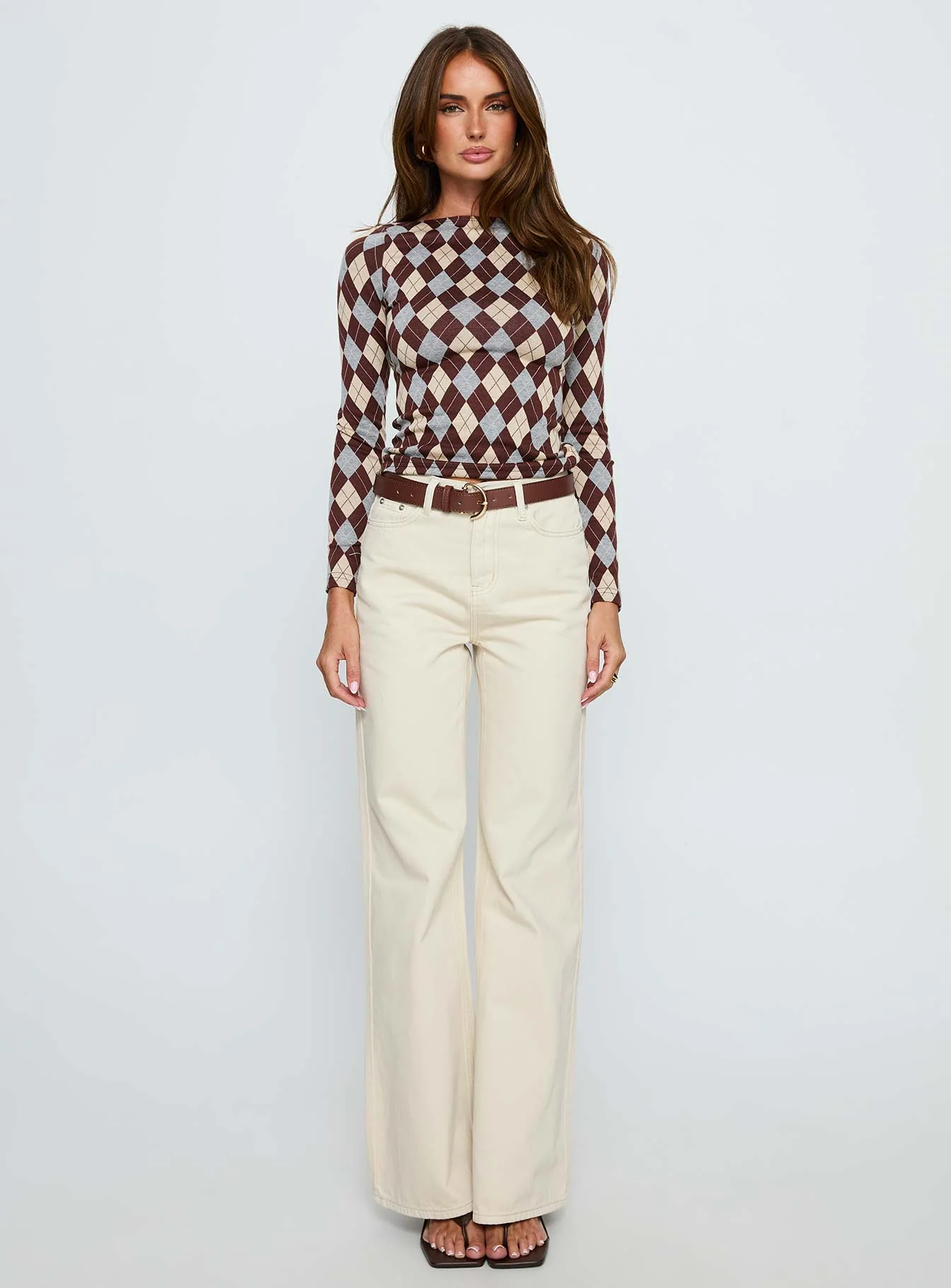 Shonna Boat Neck Long Sleeve Top Argyle - Image 7