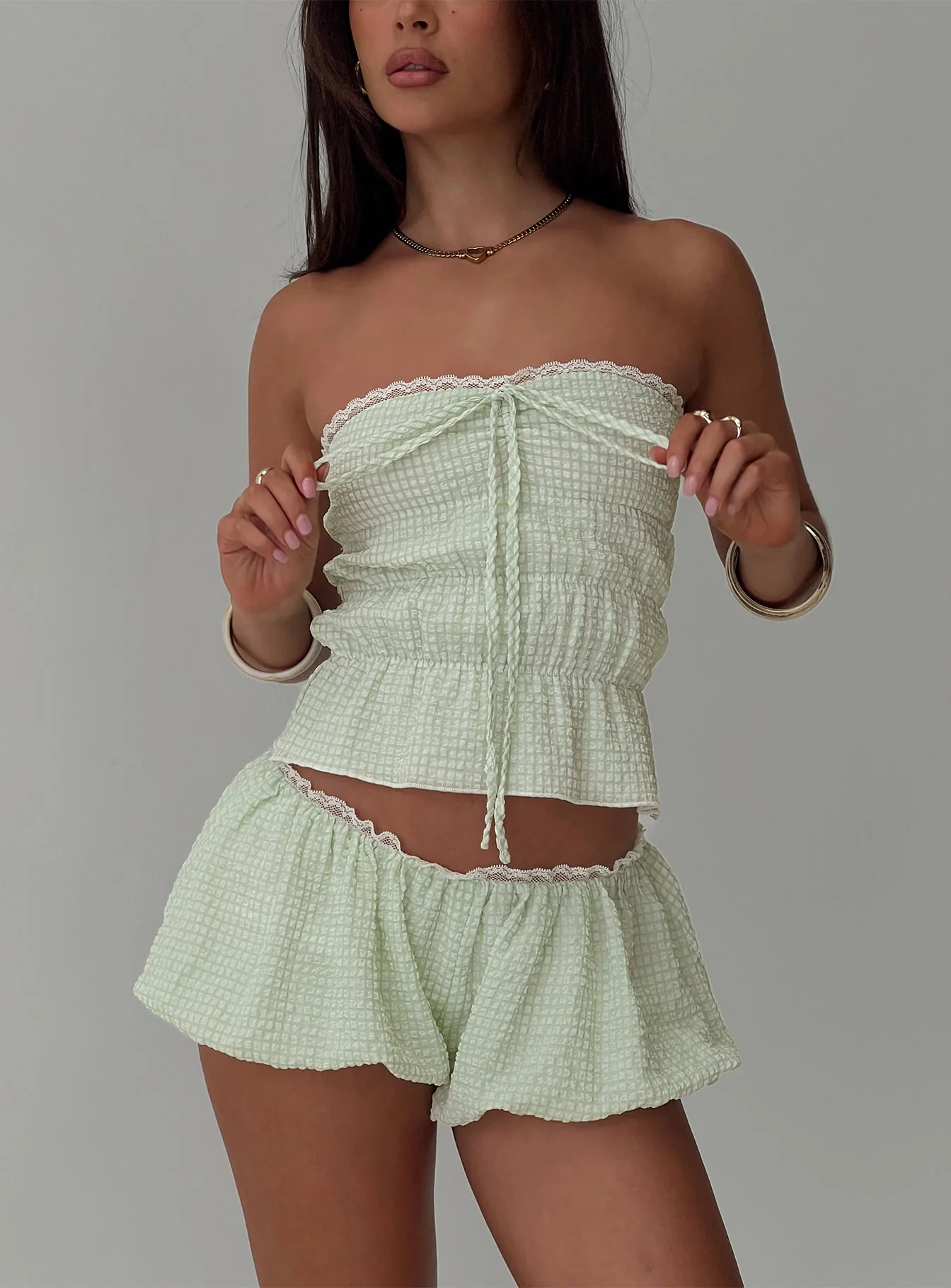 Short And Sweet Strapless Top Green Check - Image 8