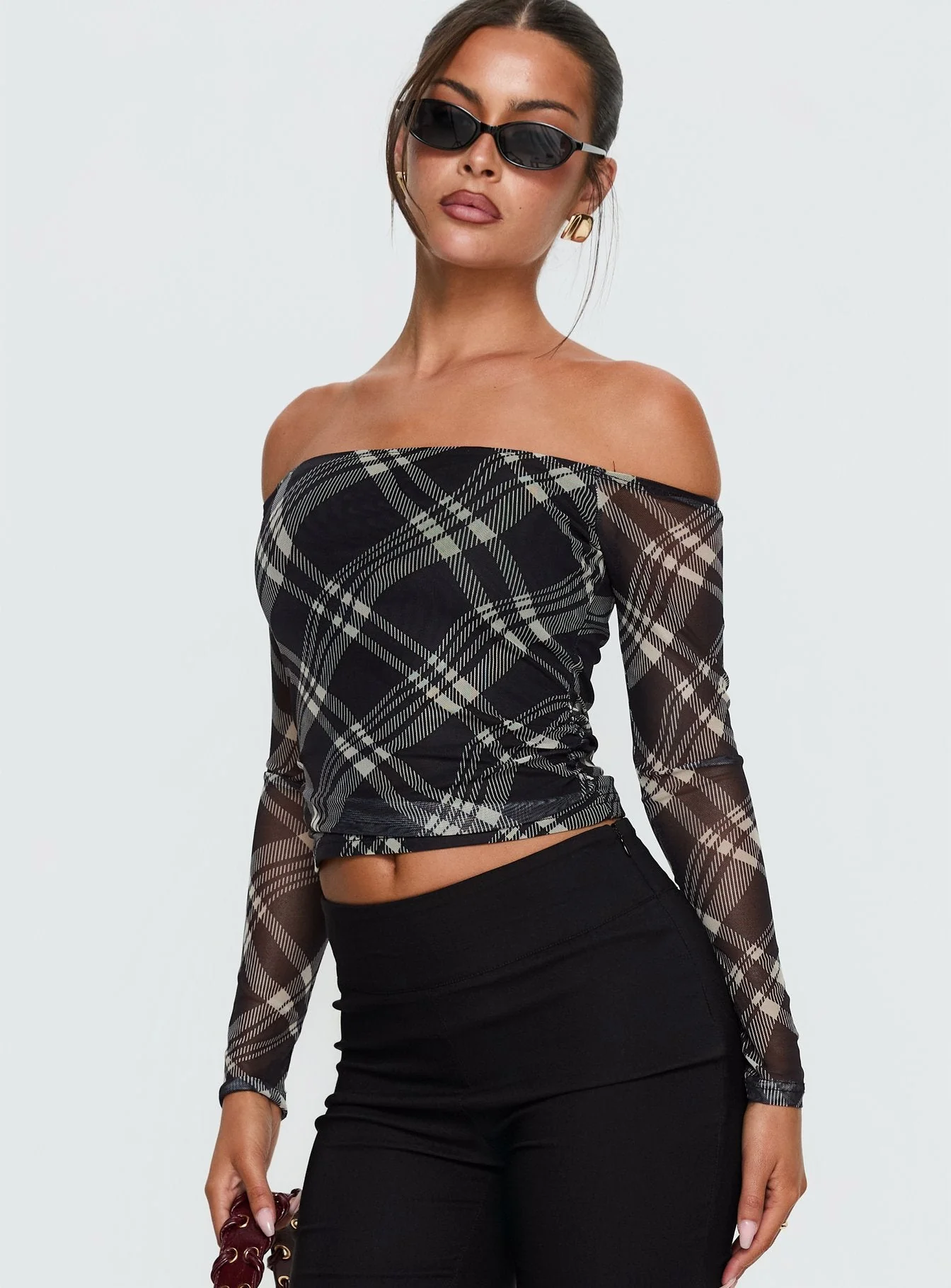 Siarah Off Shoulder Long Sleeve Top Multi Check - Image 2