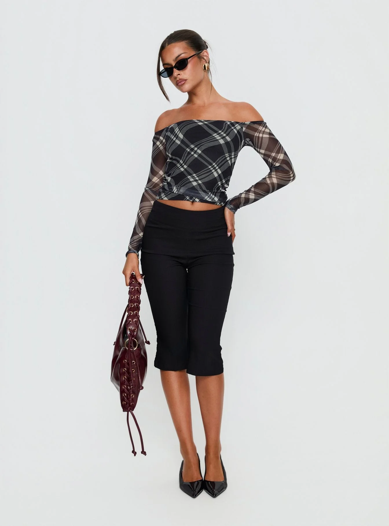Siarah Off Shoulder Long Sleeve Top Multi Check - Image 3