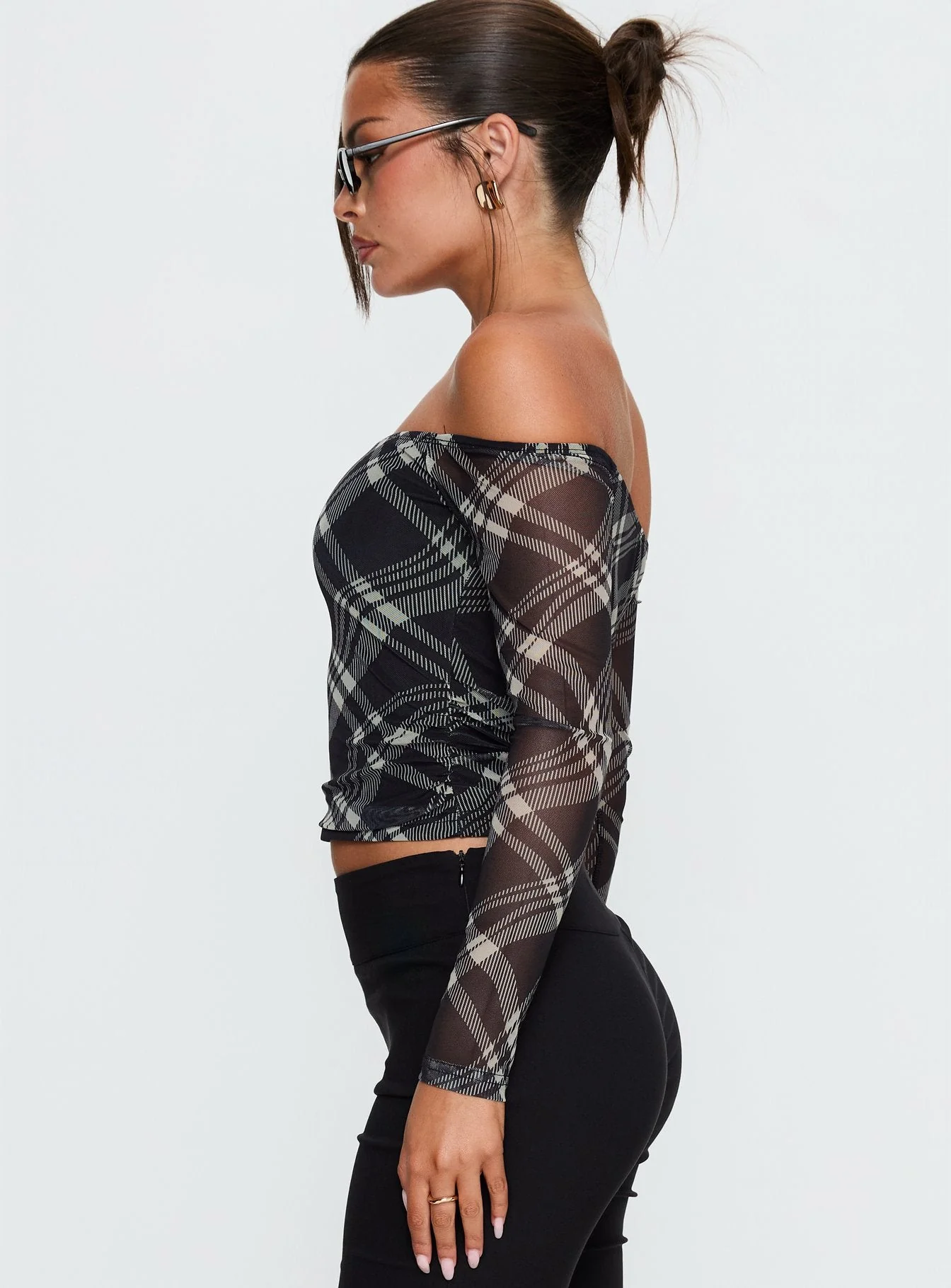 Siarah Off Shoulder Long Sleeve Top Multi Check - Image 4