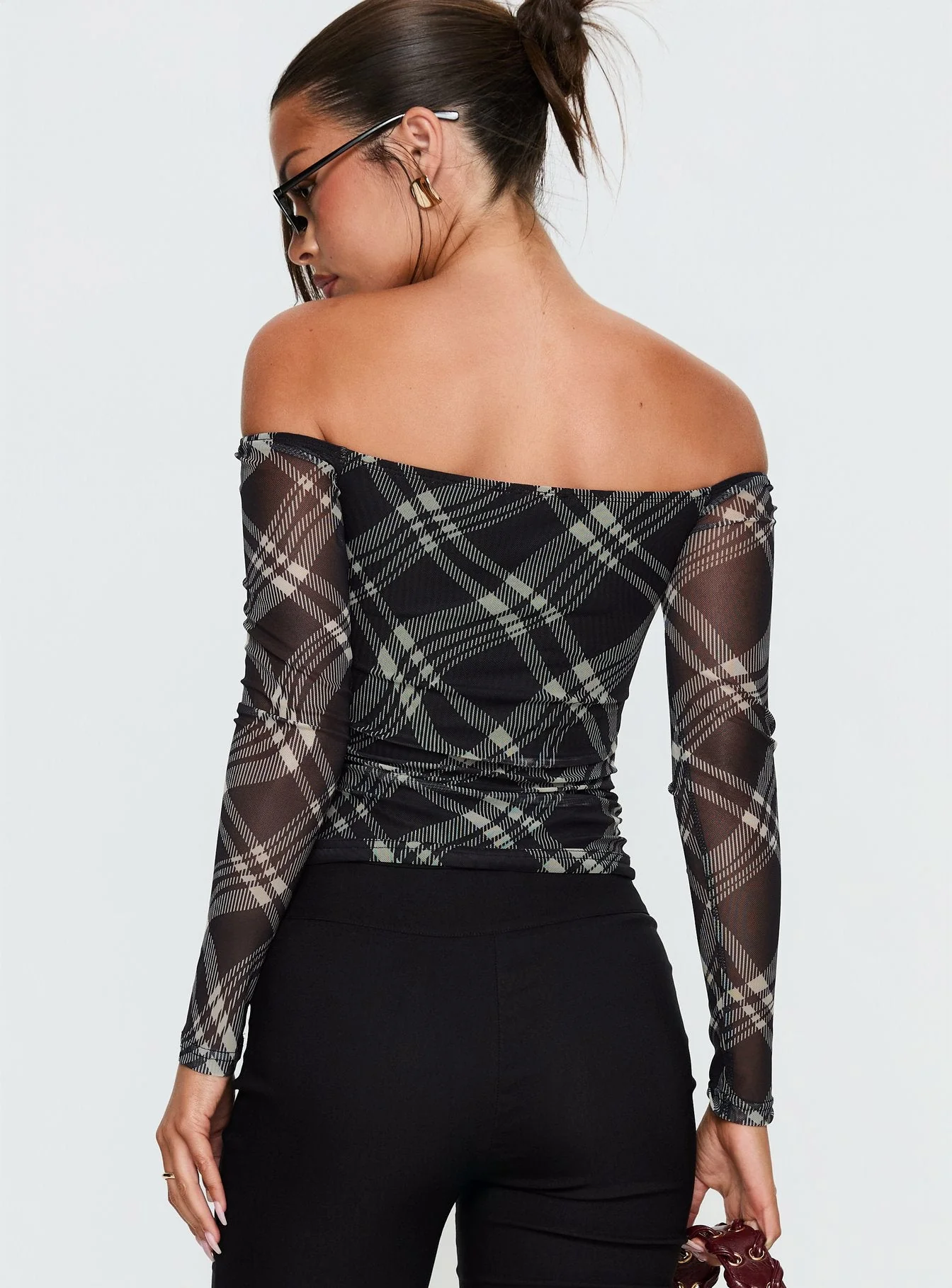 Siarah Off Shoulder Long Sleeve Top Multi Check - Image 5