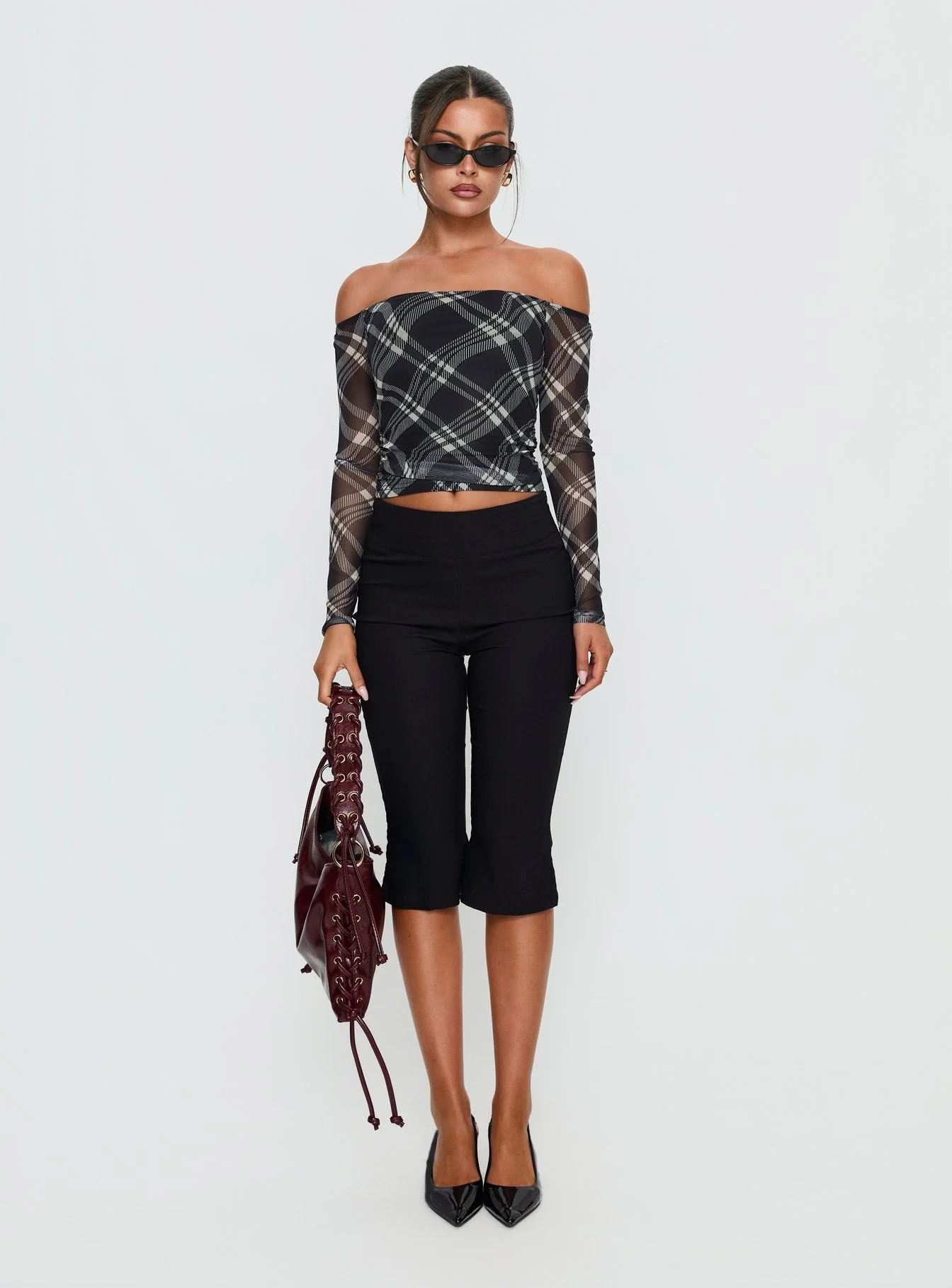 Siarah Off Shoulder Long Sleeve Top Multi Check - Image 7