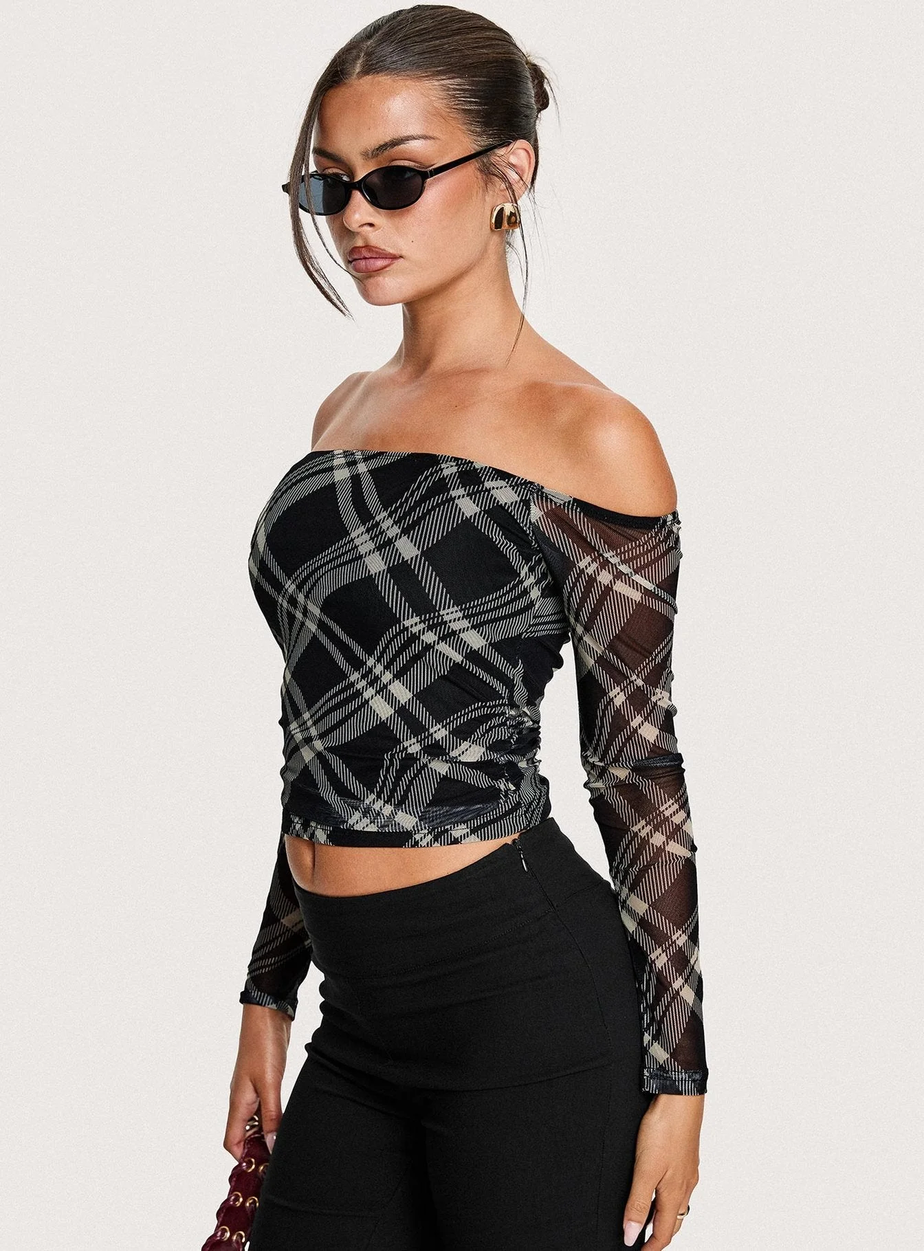 Siarah Off Shoulder Long Sleeve Top Multi Check - Image 8
