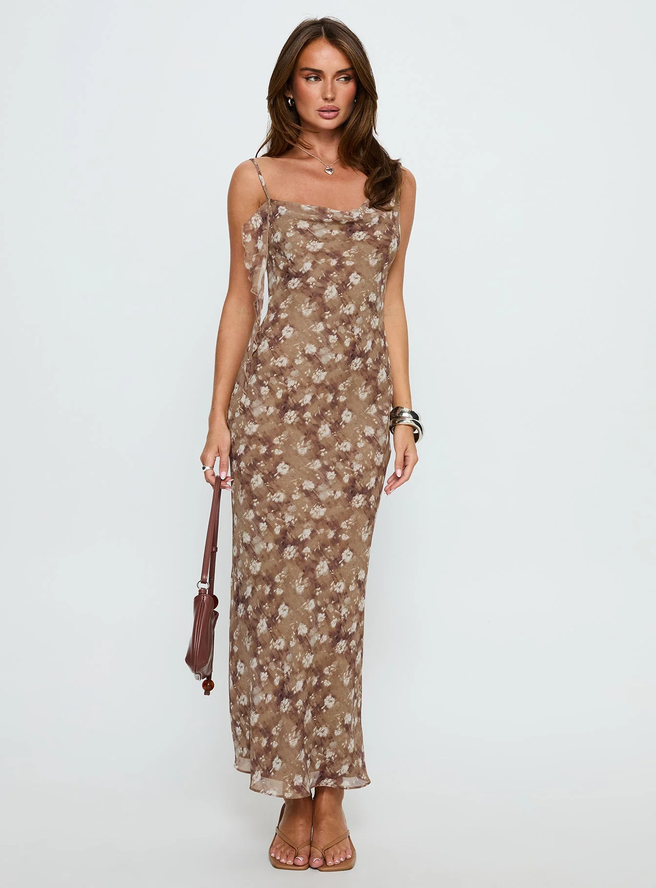 Silah Cowl Neck Maxi Dress Brown Floral - Image 2