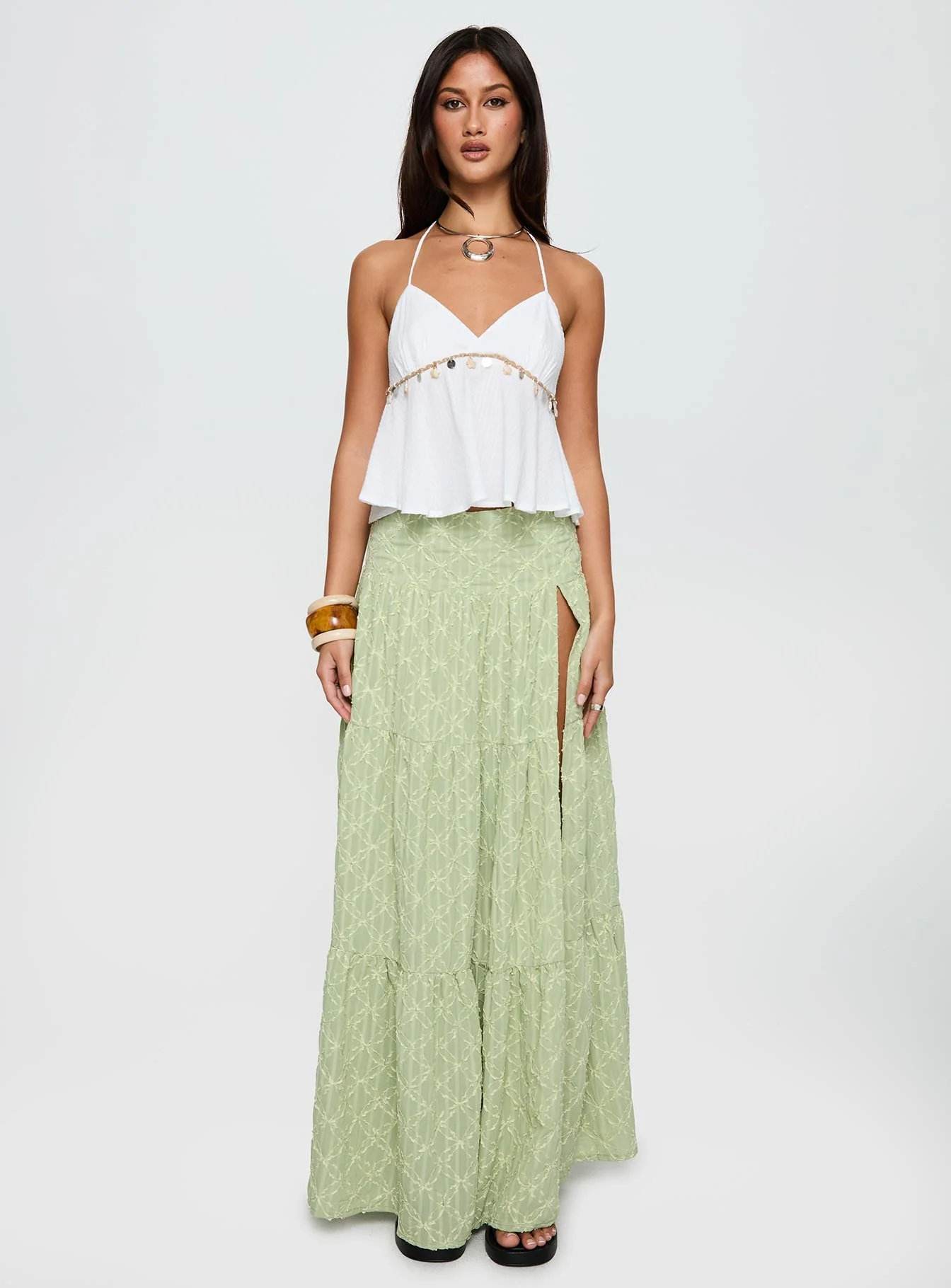 Silver Soul Embroidered Maxi Skirt Sage - Image 6
