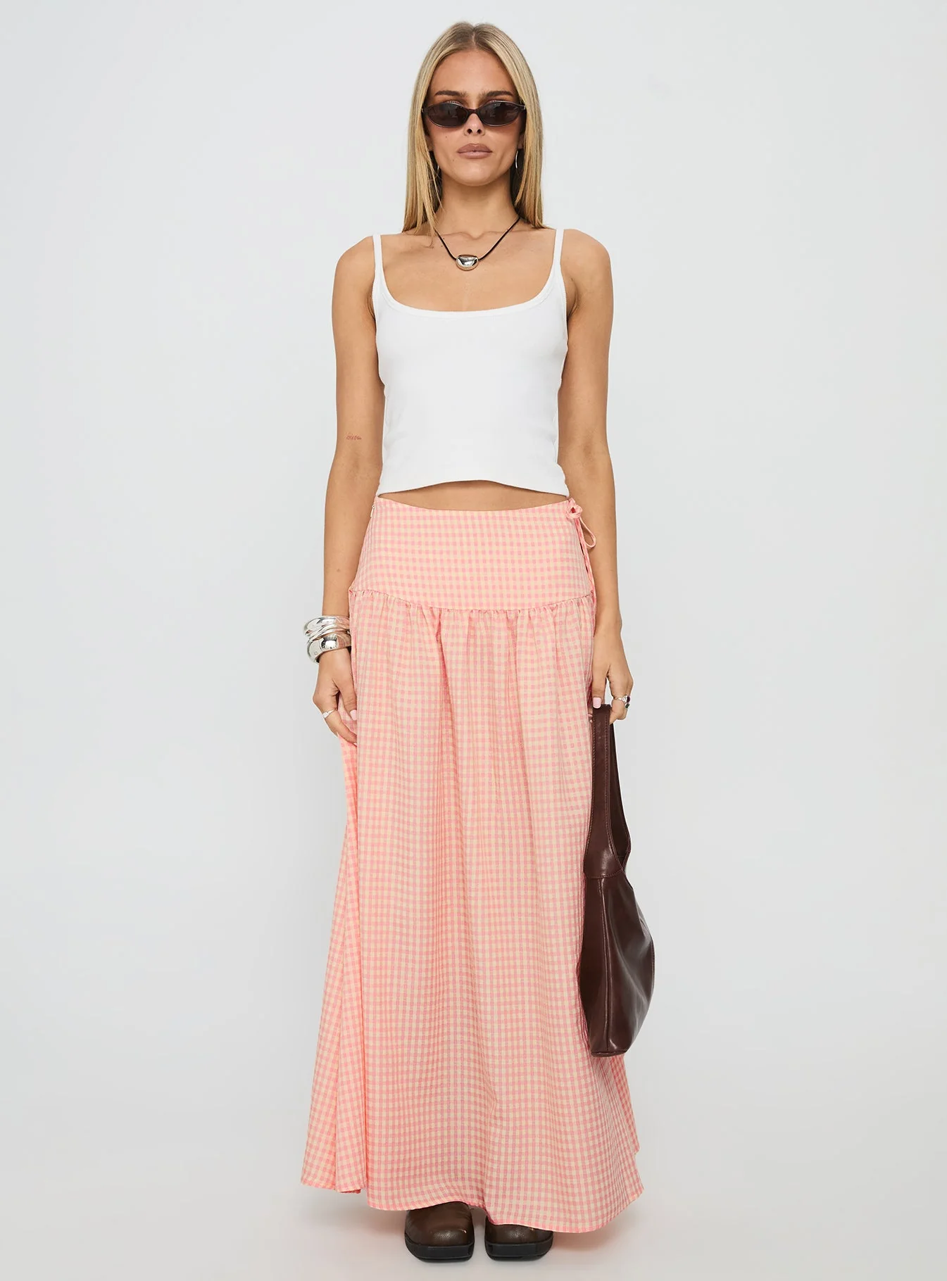 Analeah Tie Side Midi Skirt Orange Check - Image 6