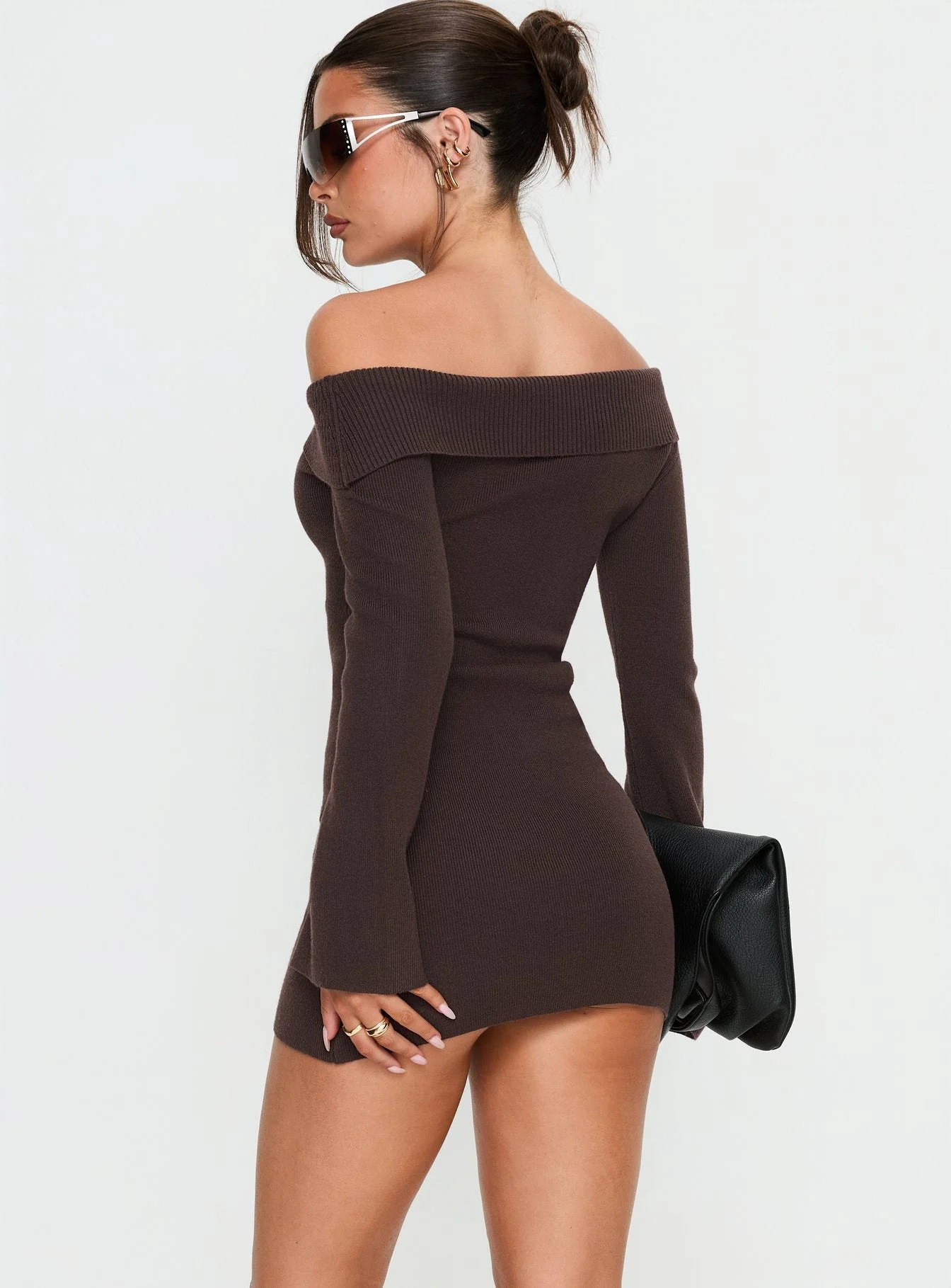 Sina Off Shoulder Mini Dress Chocolate - Image 4