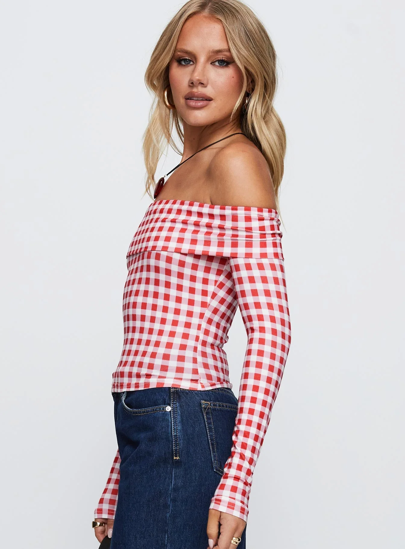 Singular Off The Shoulder Long Sleeve Top Red Check - Image 4