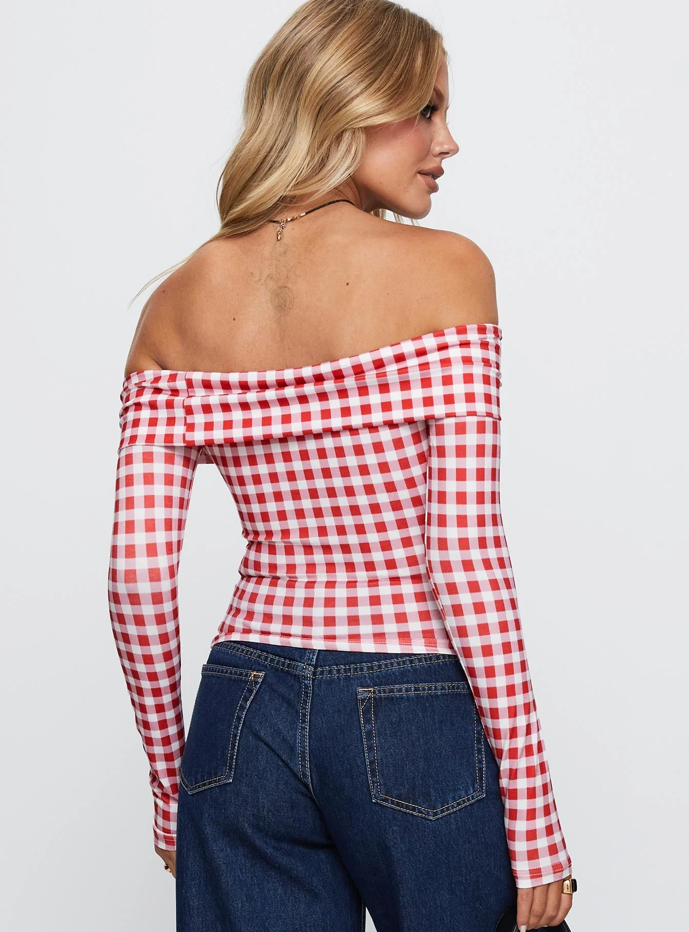 Singular Off The Shoulder Long Sleeve Top Red Check - Image 5